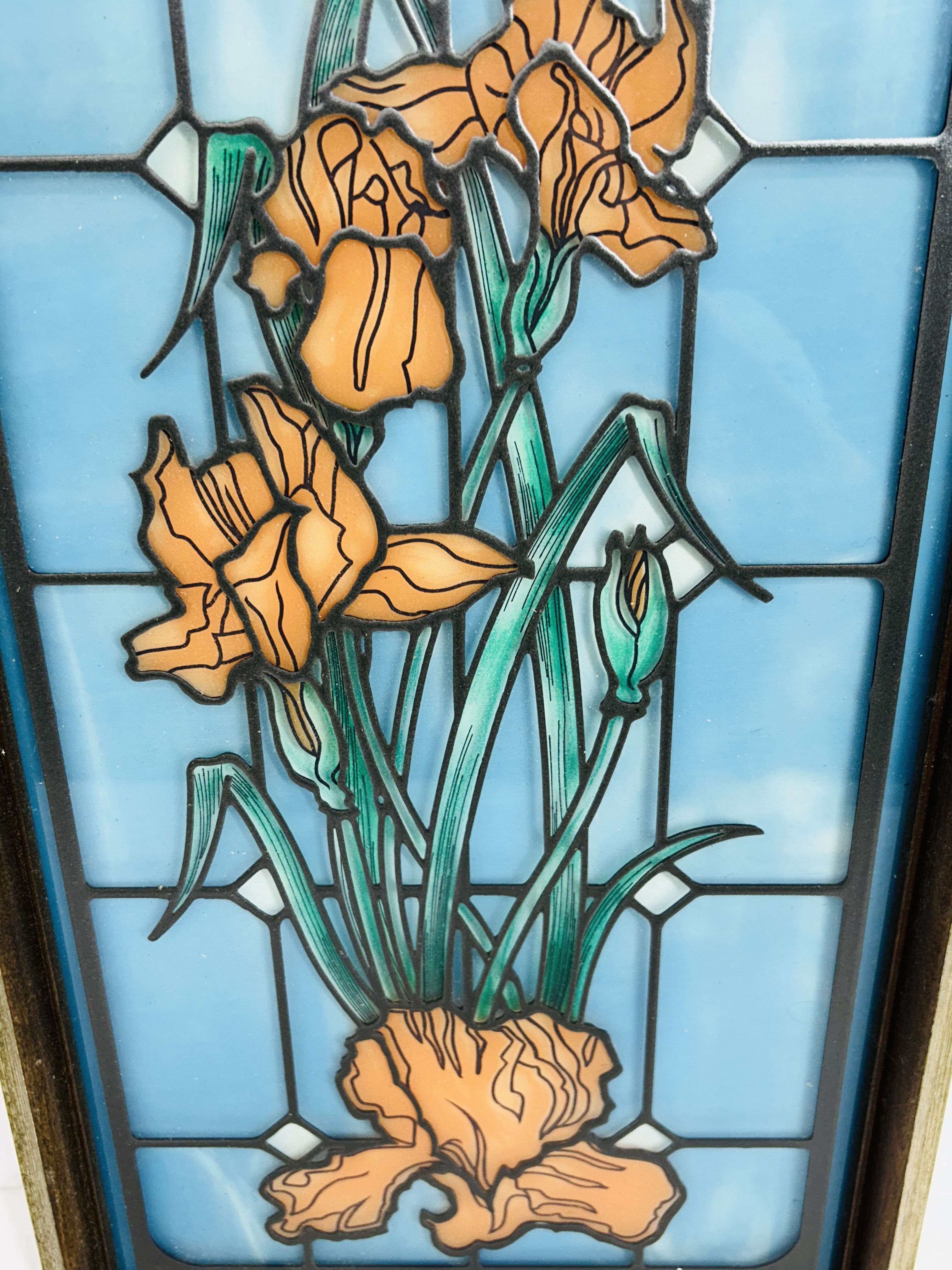 HOME INTERIORS IRIS GLASS PANEL, 1980S
