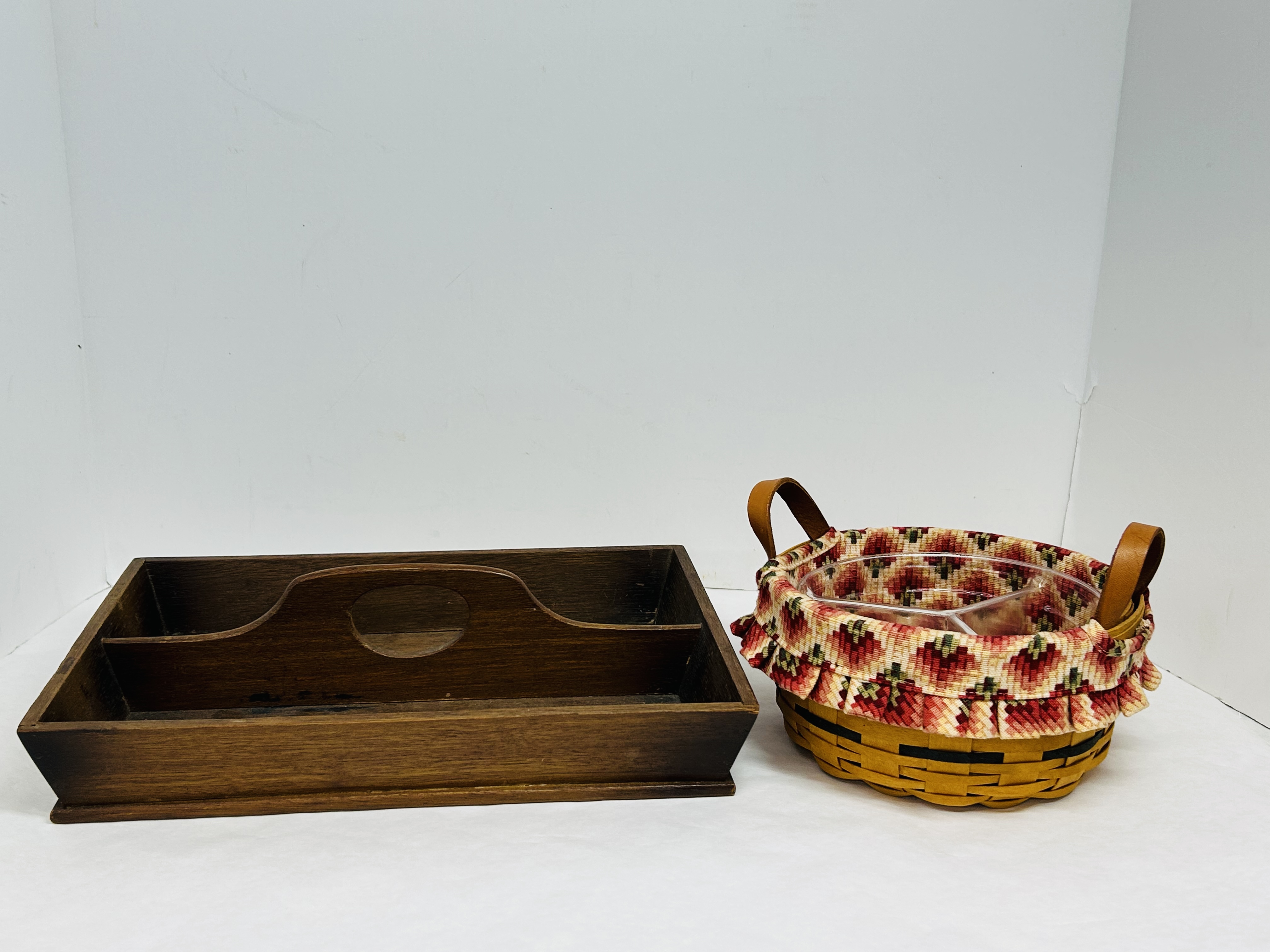 LONGABERGER BASKET AND WOODEN TRAY, CIRCA 1997
