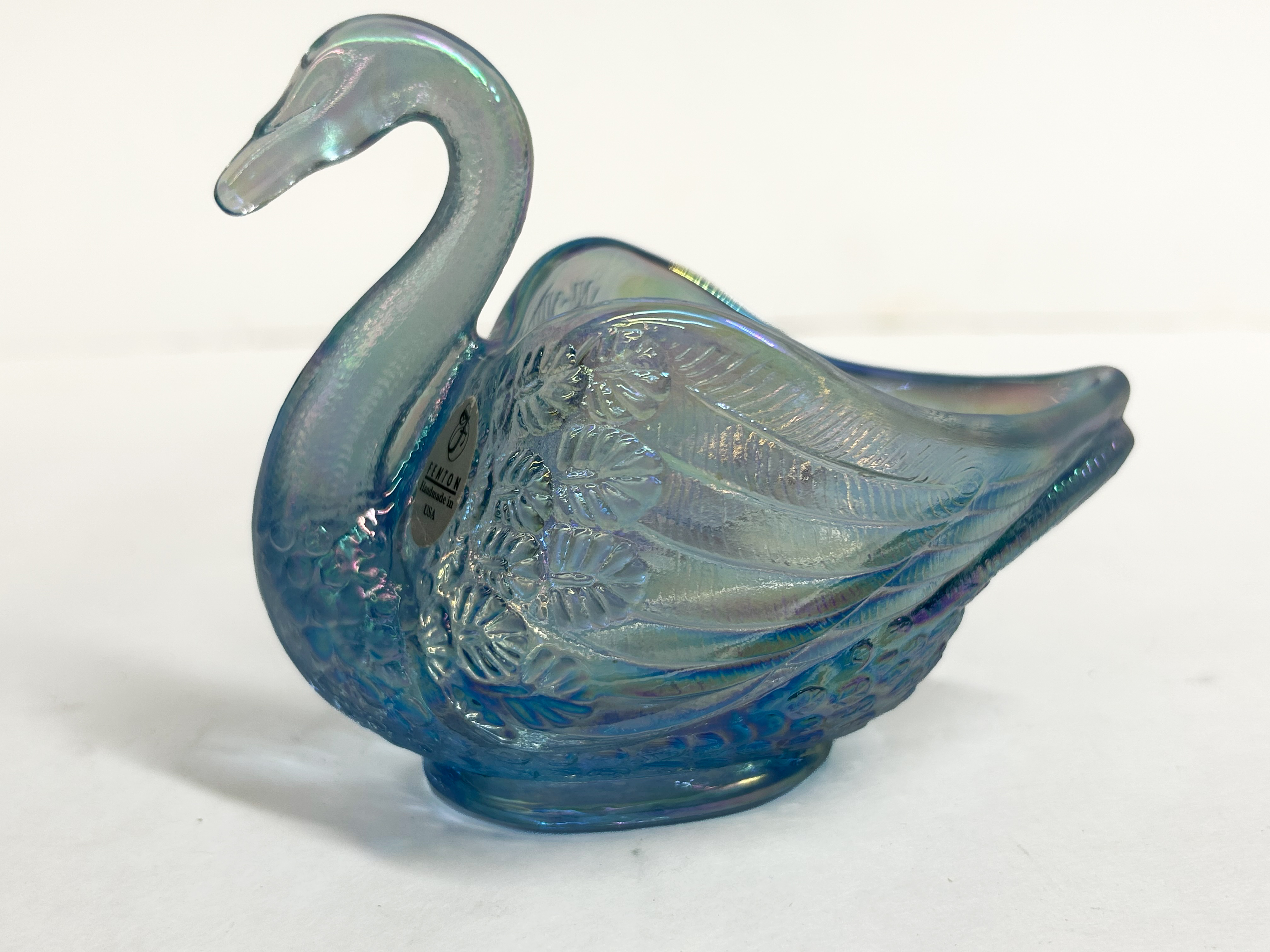 FENTON BLUE CARNIVAL GLASS SWAN, 2000S