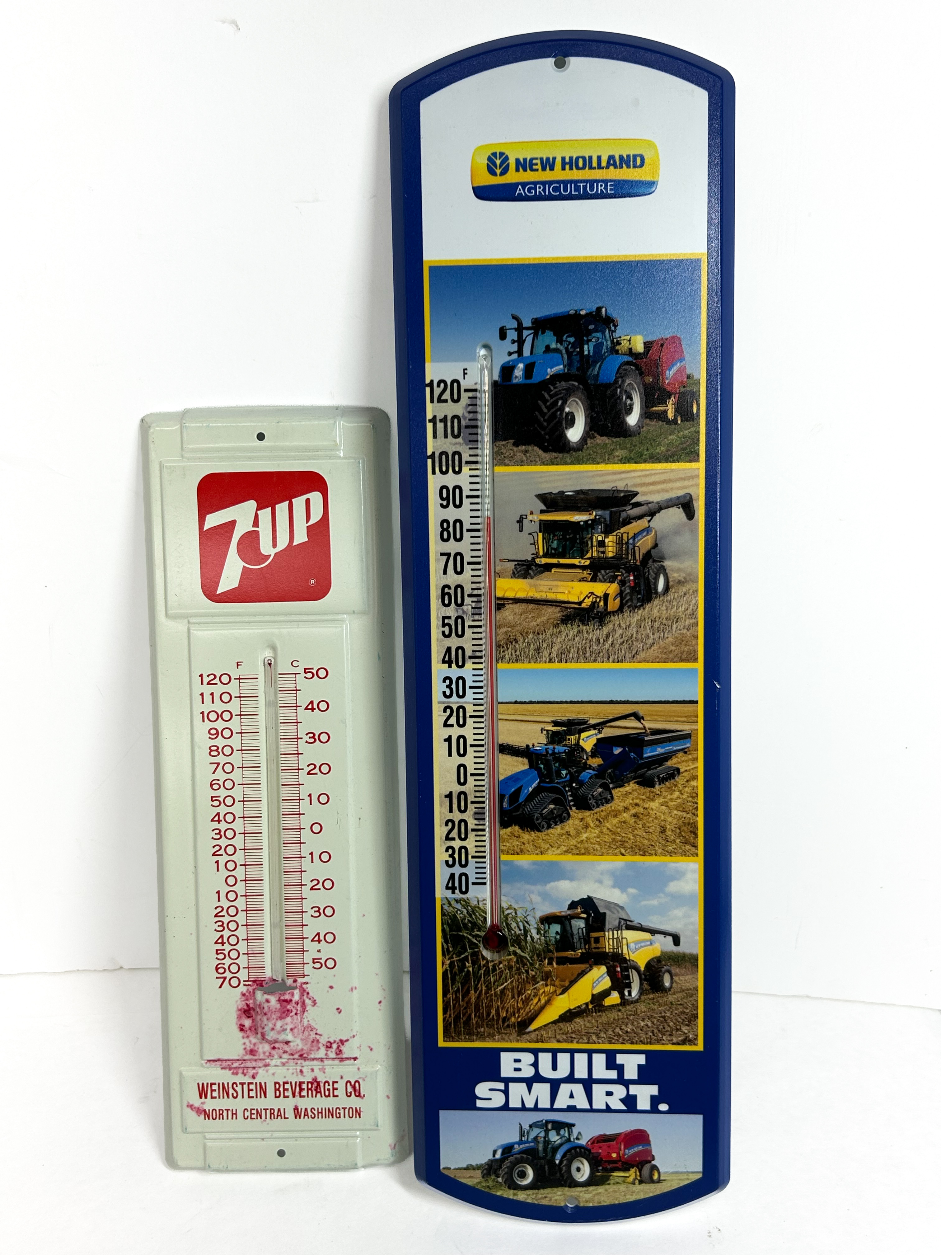 7-UP AND NEW HOLLAND METAL THERMOMETERS