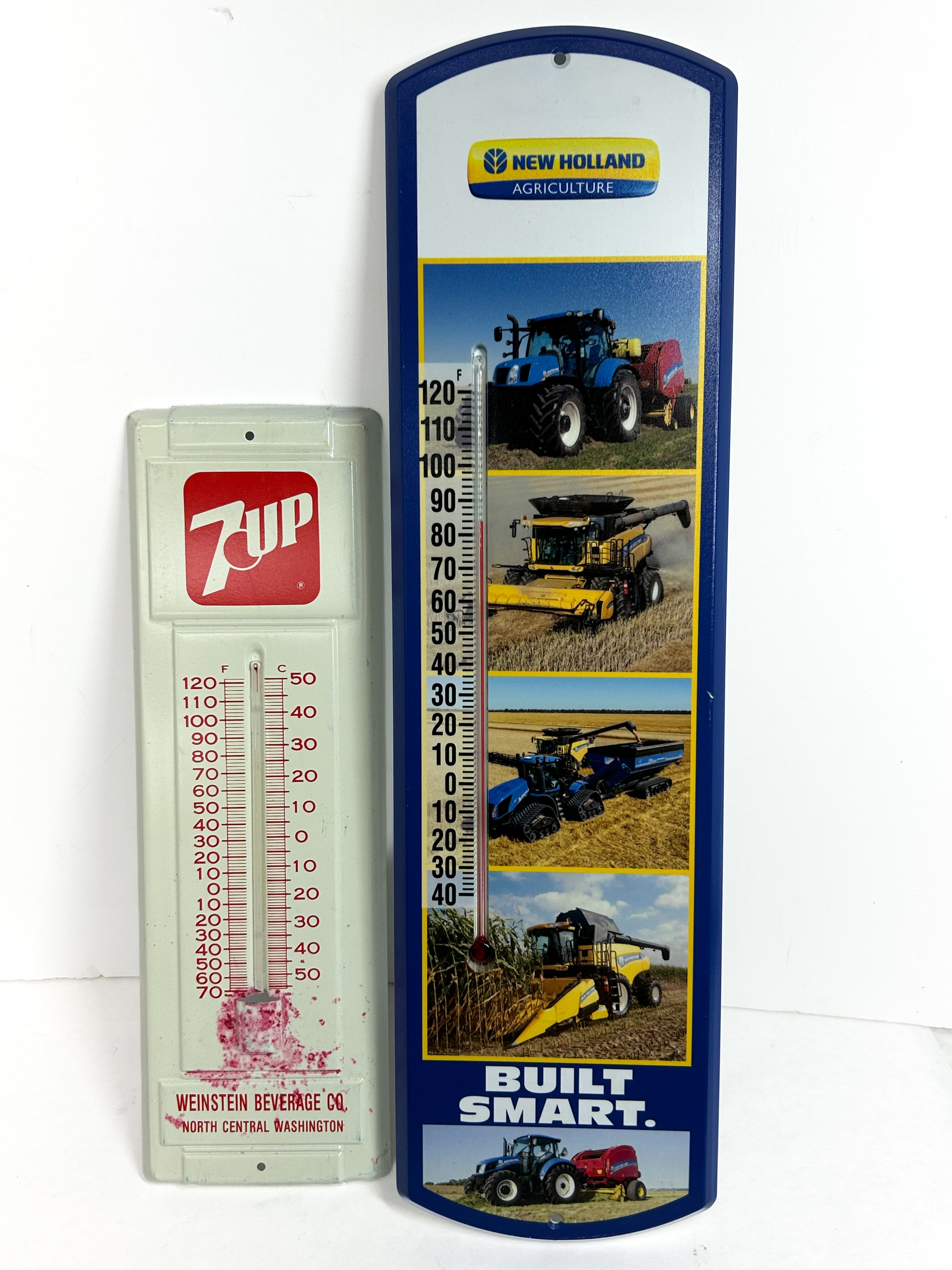 7-UP AND NEW HOLLAND METAL THERMOMETERS