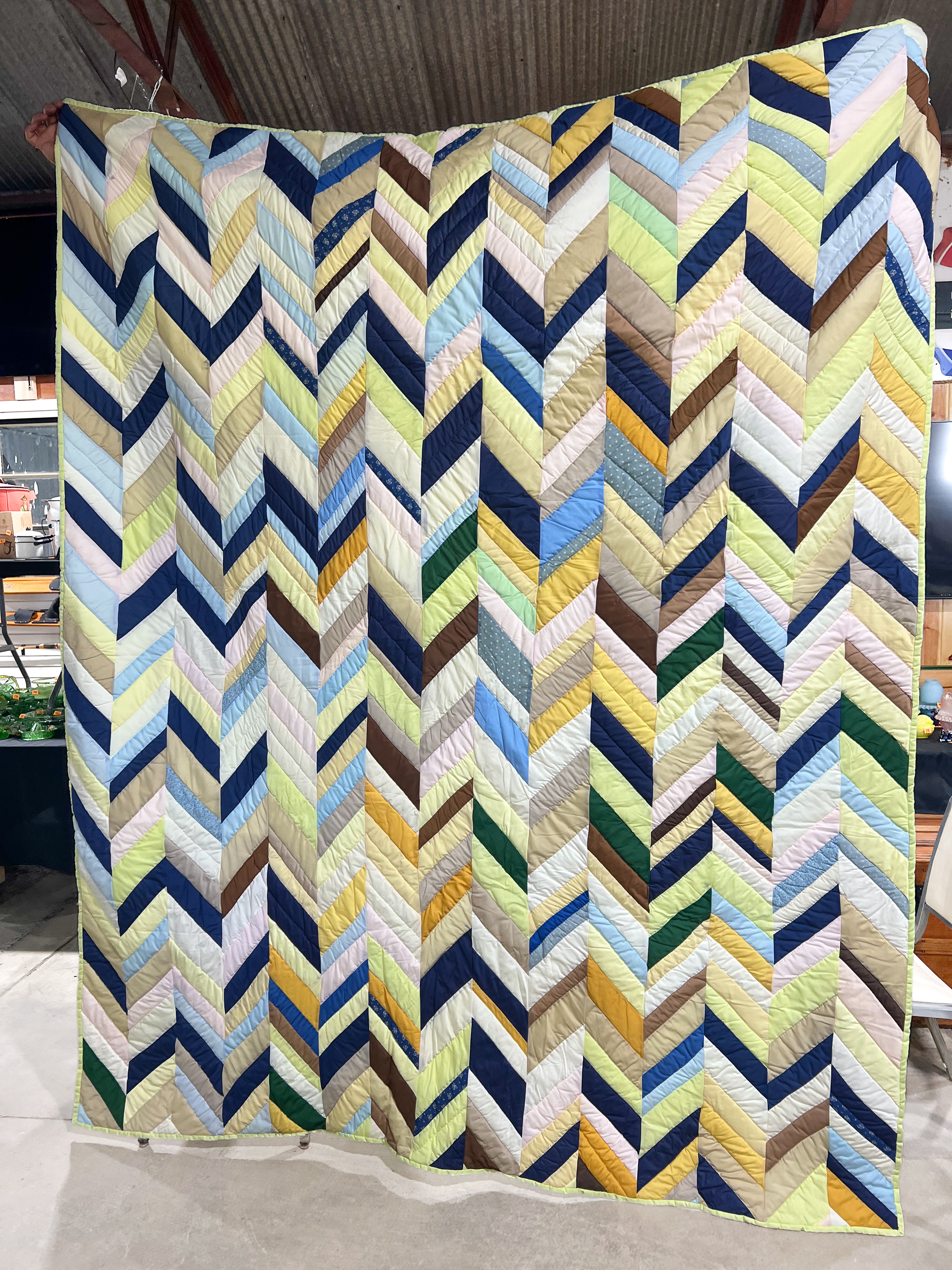 Handmade Multi-Color Pieced Chevron Scrap Quilt