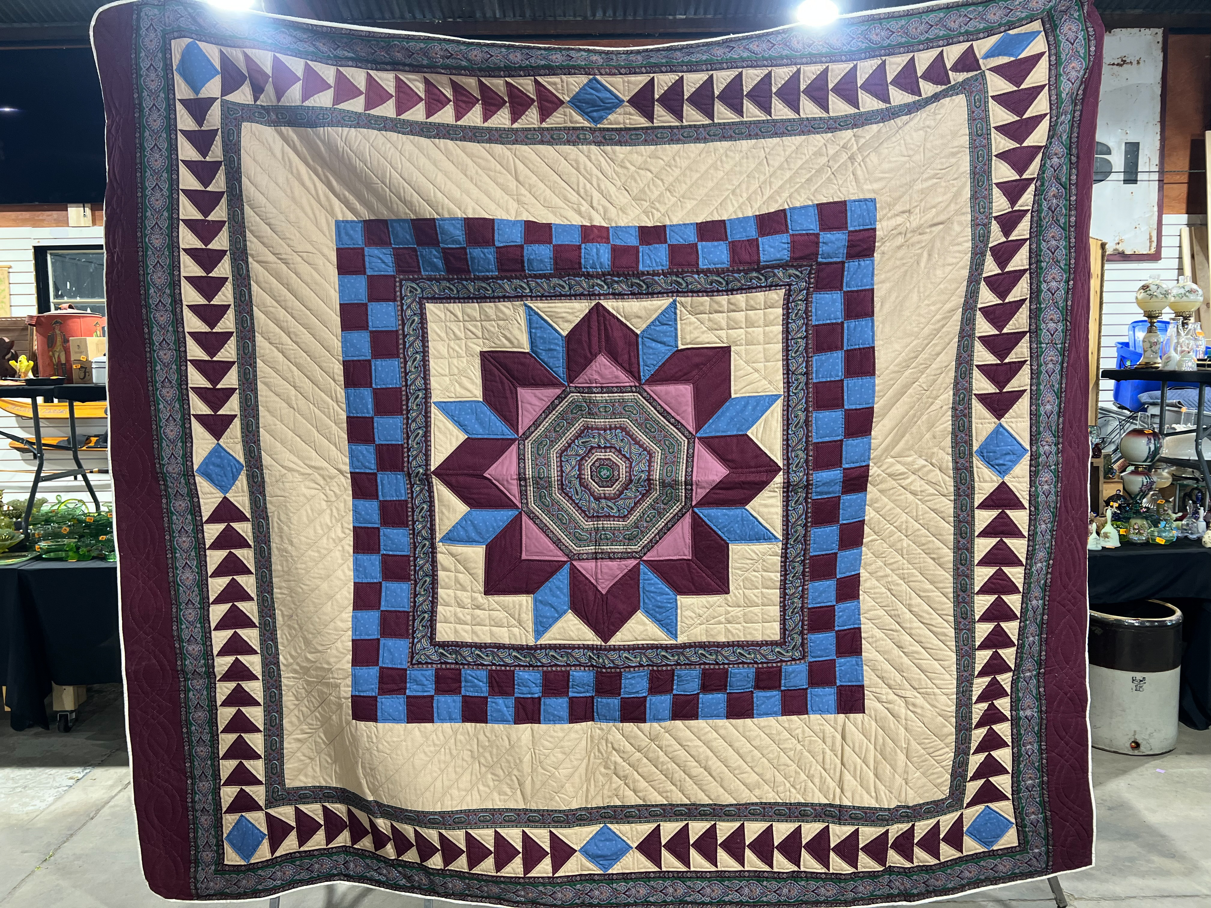 Large Machine Pieced and Machine Quilted Lone Star Pattern Patchwork Quilt