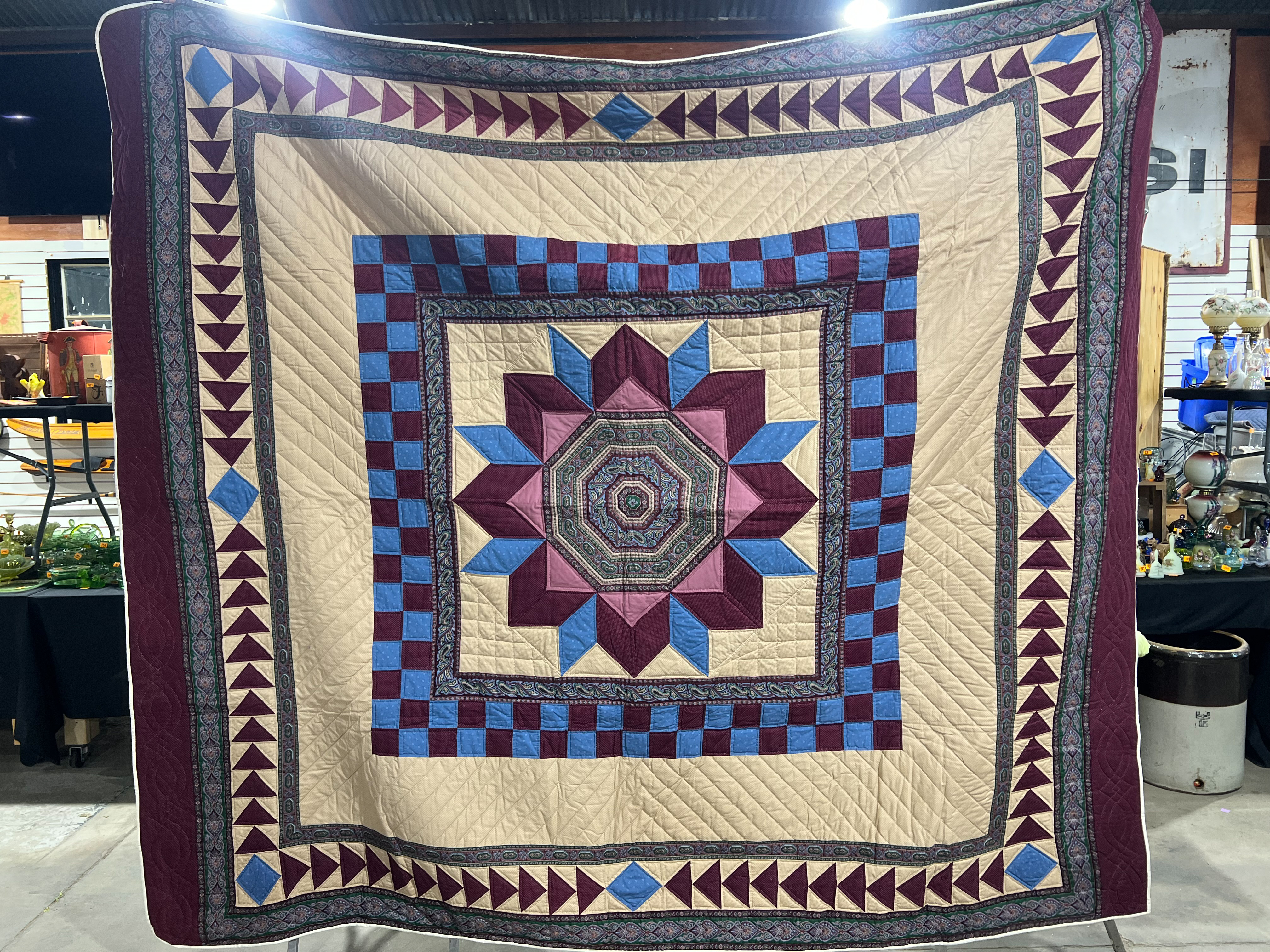 Large Machine Pieced and Machine Quilted Lone Star Pattern Patchwork Quilt