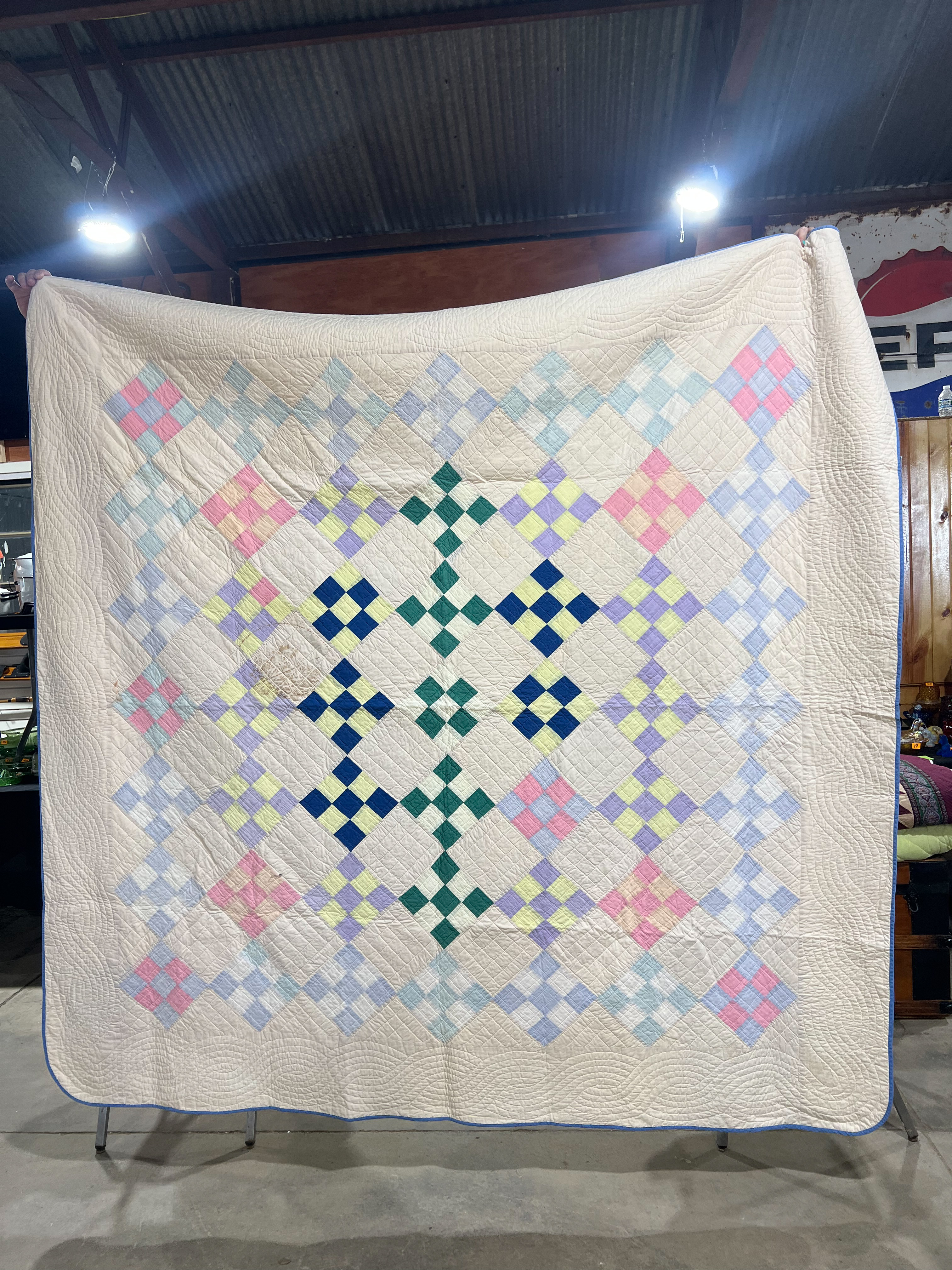 American Hand-Quilted Double Nine-Patch Patchwork Quilt