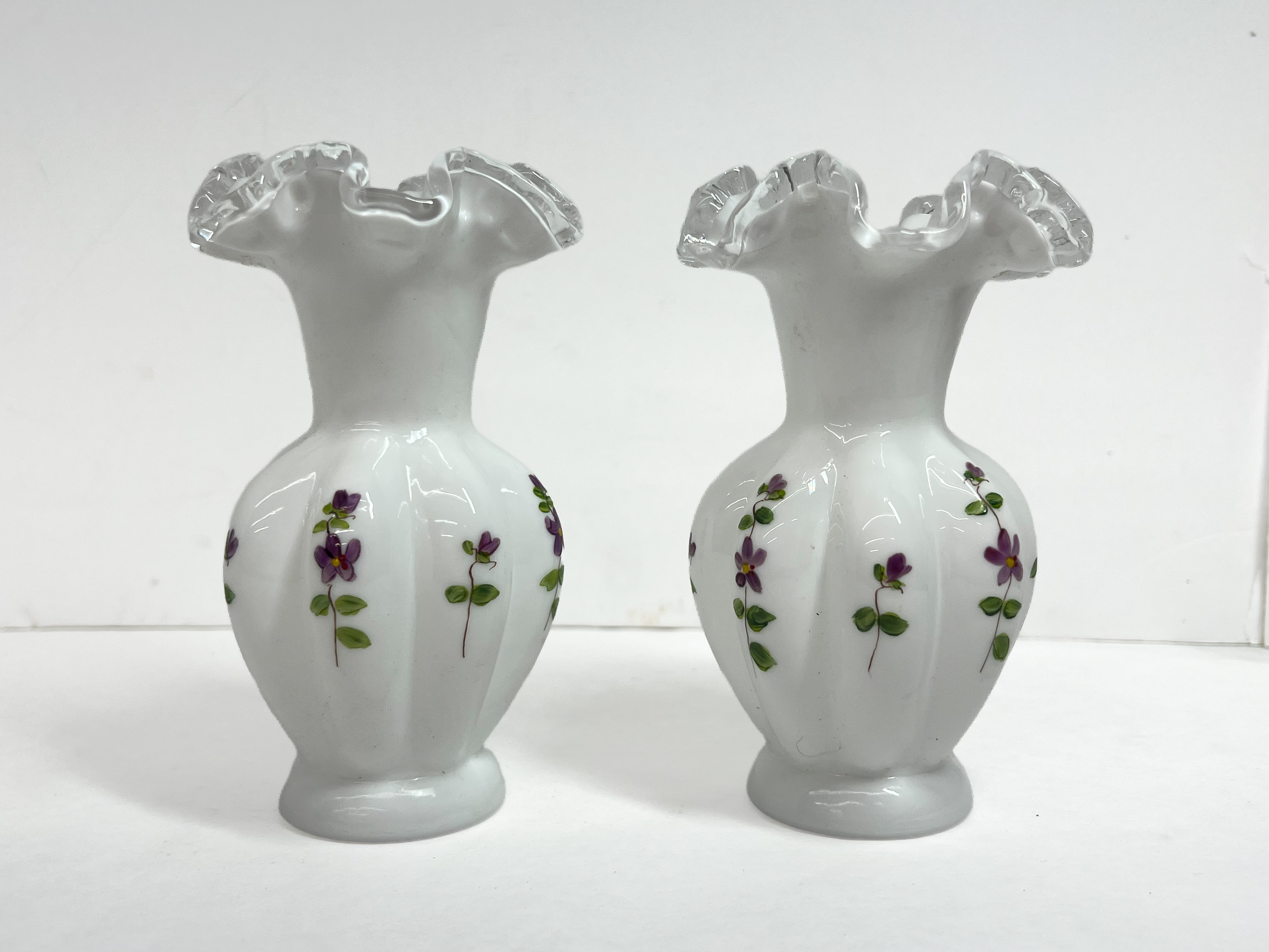 FENTON VIOLETS IN THE SNOW VASES
