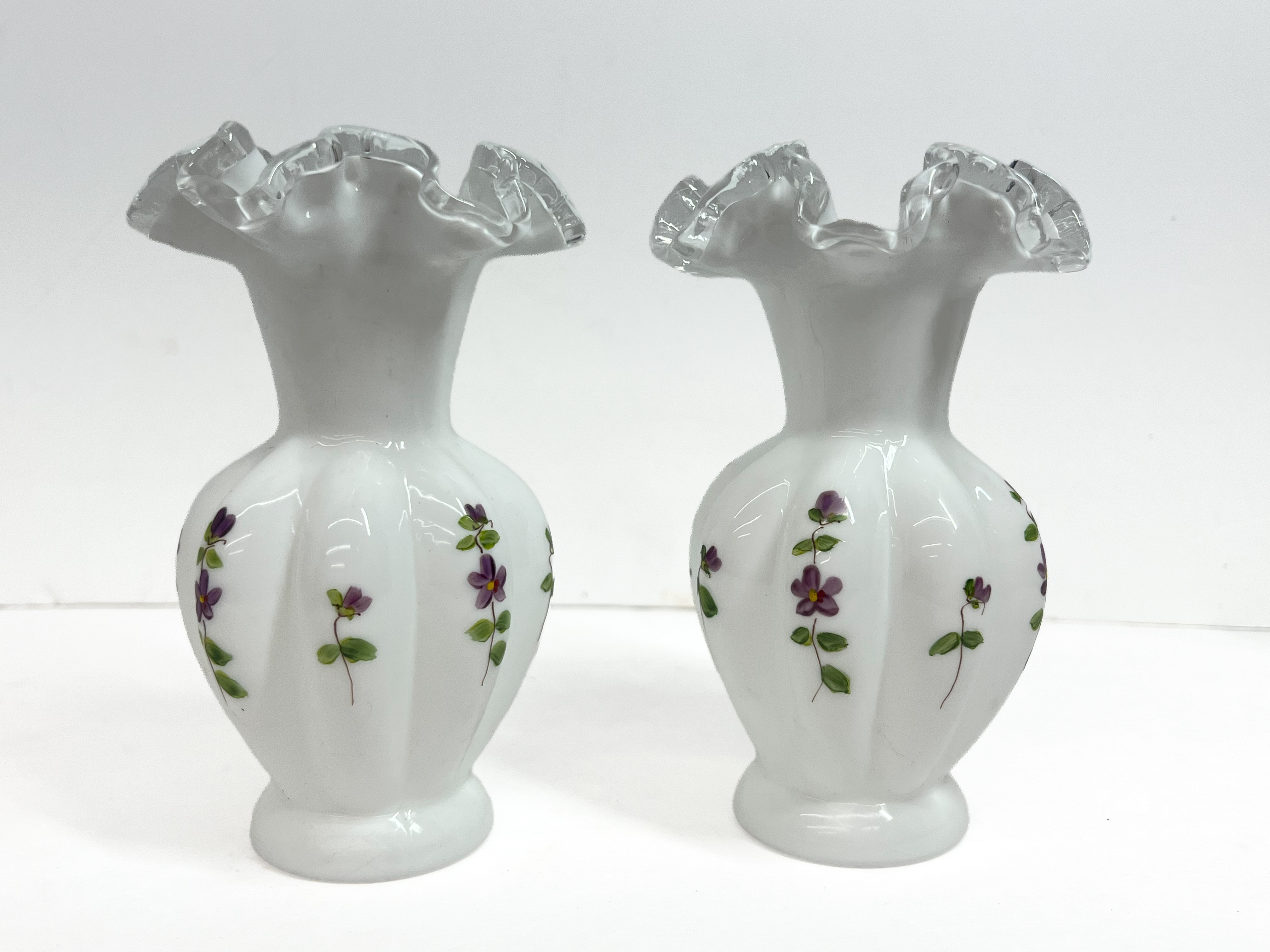FENTON VIOLETS IN THE SNOW VASES