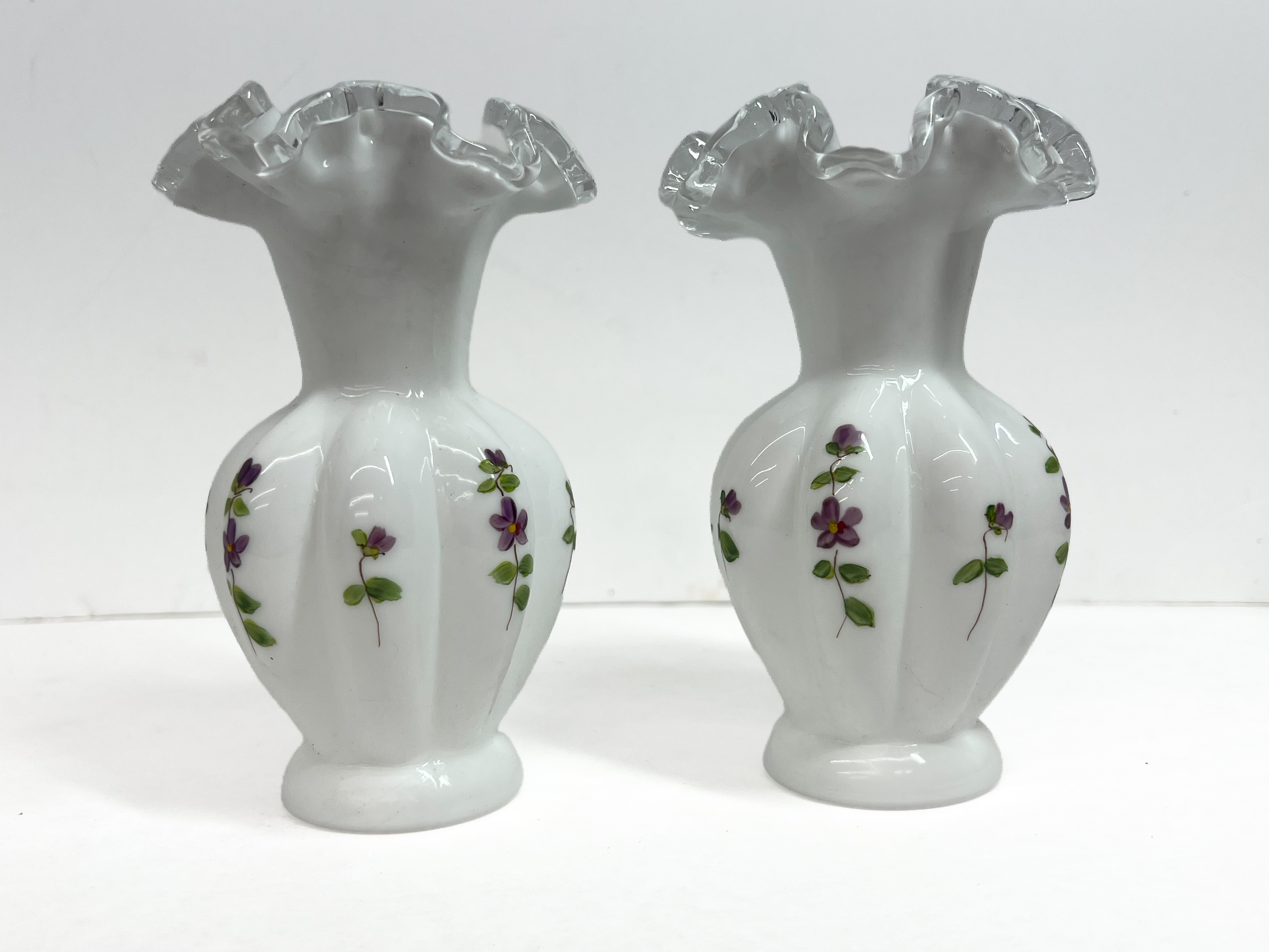 FENTON VIOLETS IN THE SNOW VASES