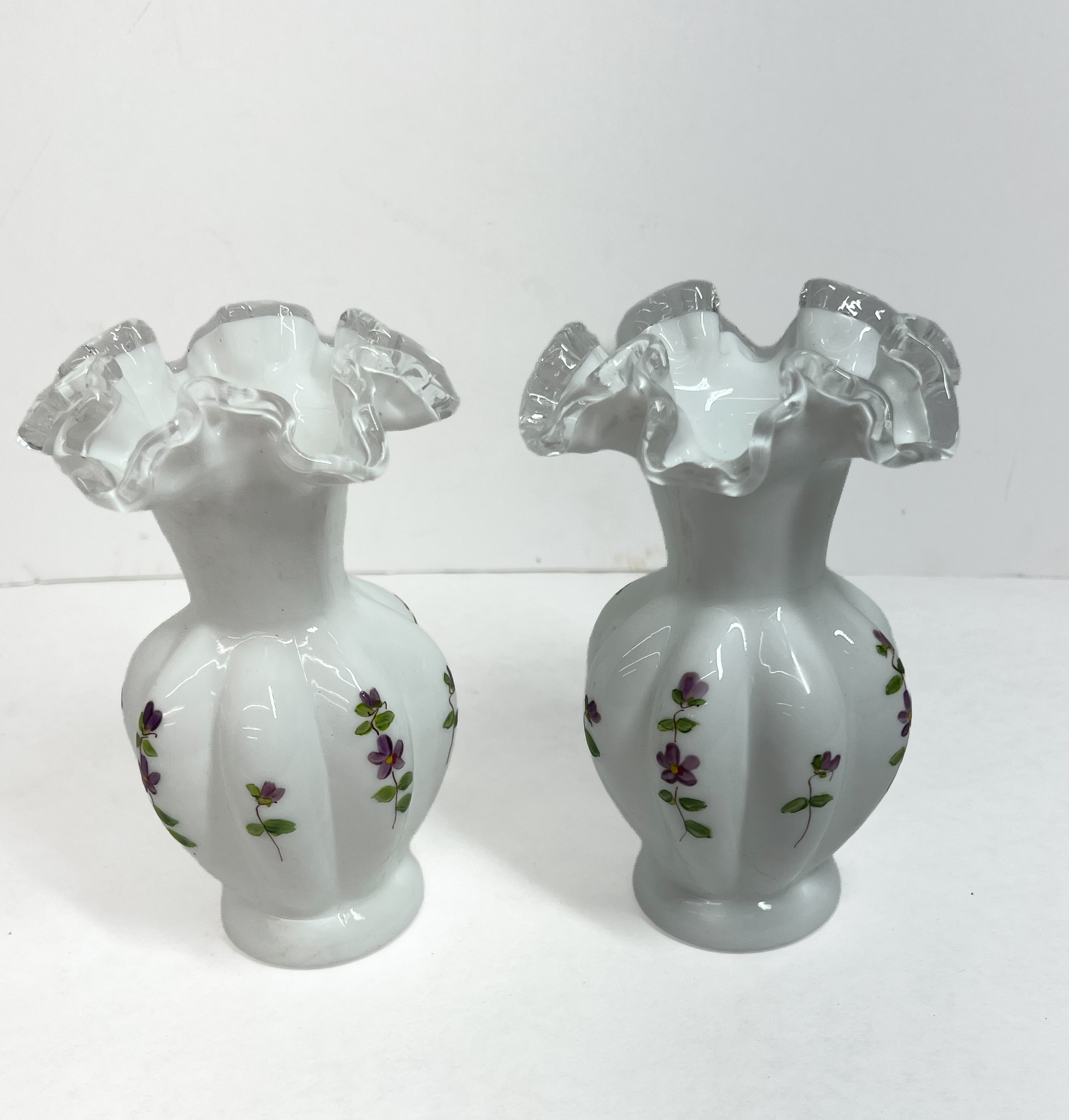 FENTON VIOLETS IN THE SNOW VASES