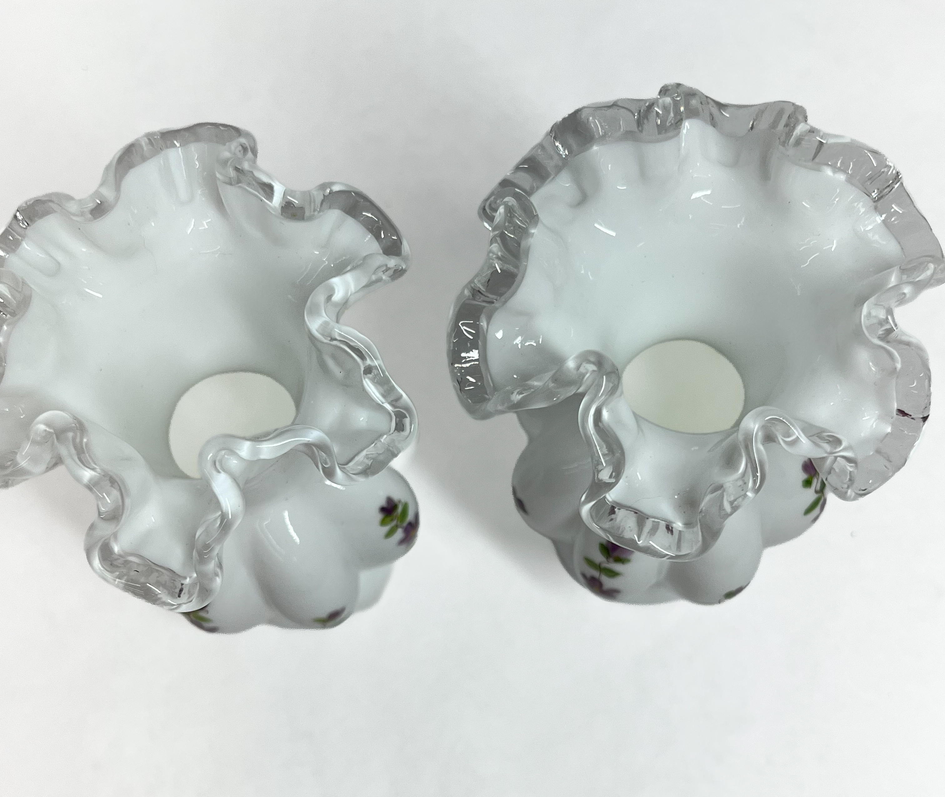 FENTON VIOLETS IN THE SNOW VASES