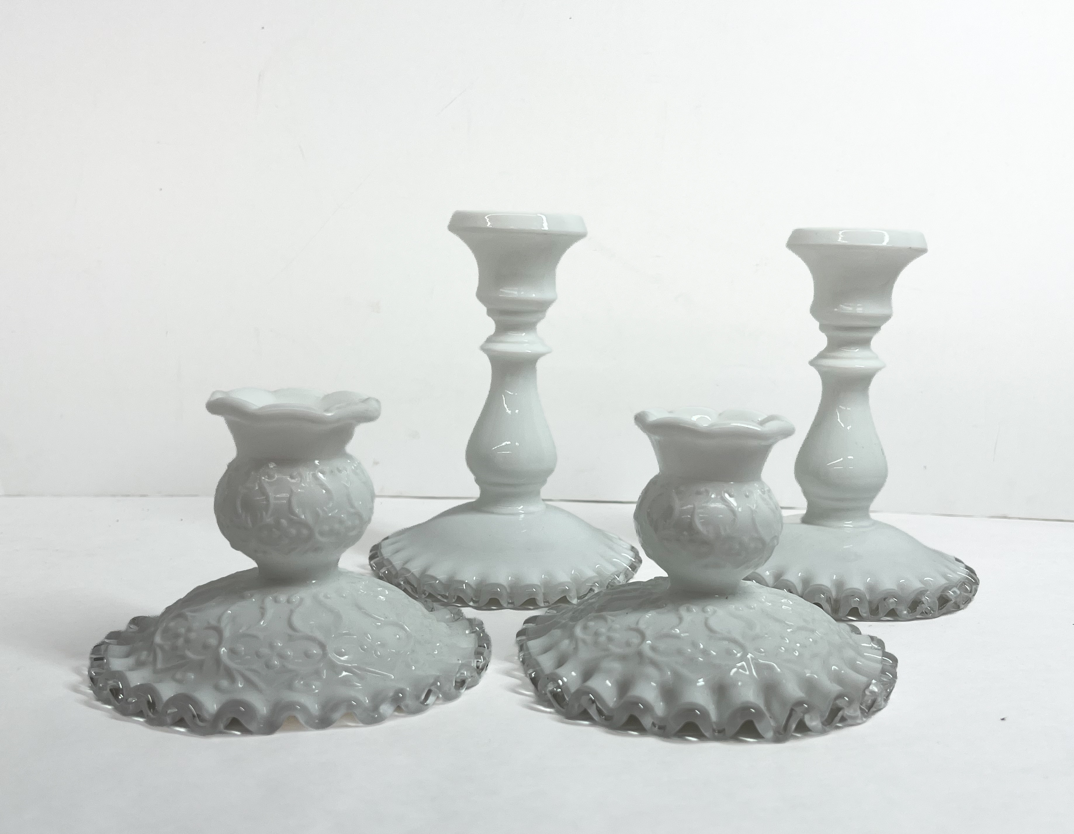 FENTON SILVER CREST MILK GLASS CANDLESTICKS, MID-CENTURY