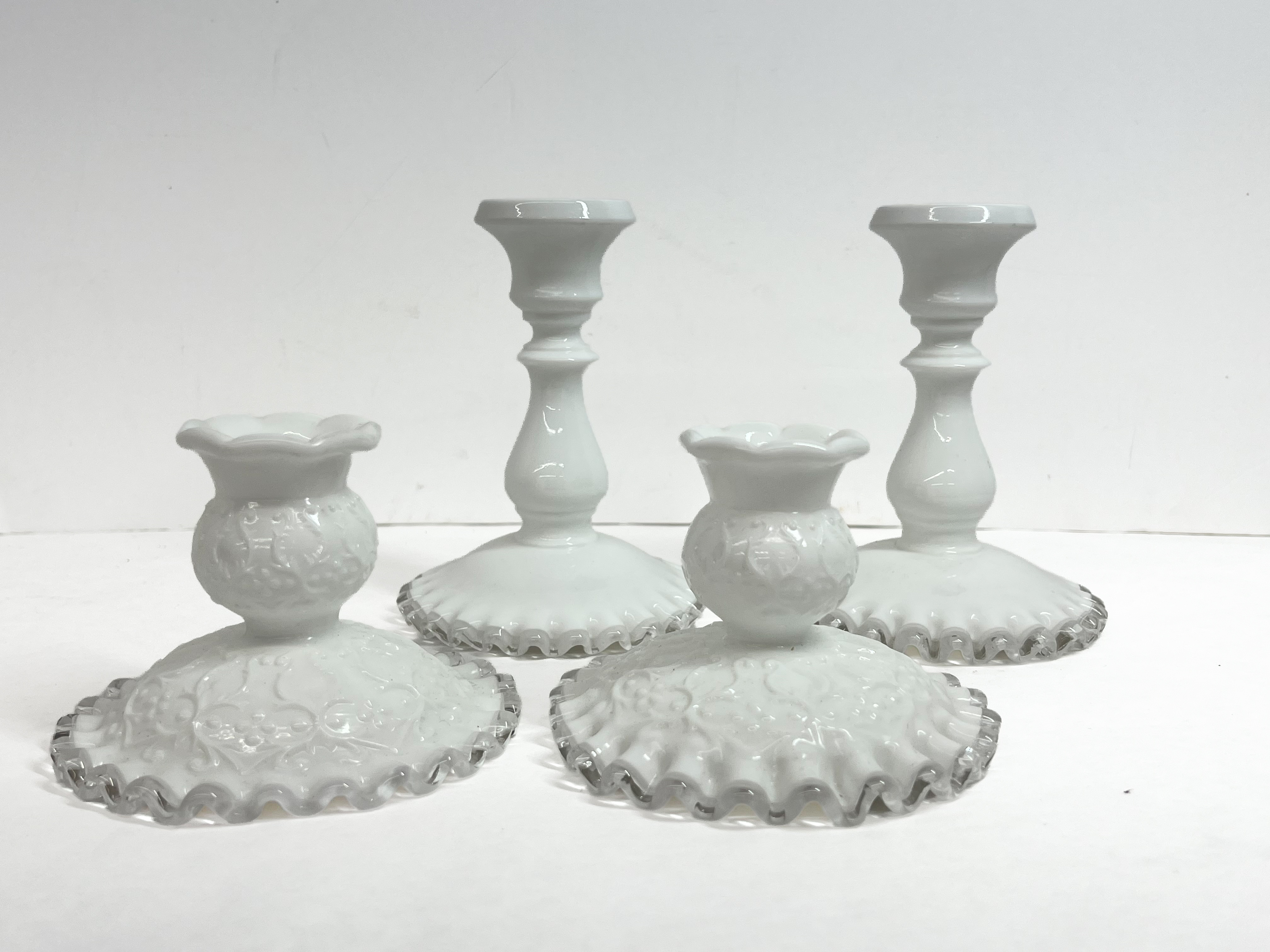FENTON SILVER CREST MILK GLASS CANDLESTICKS, MID-CENTURY