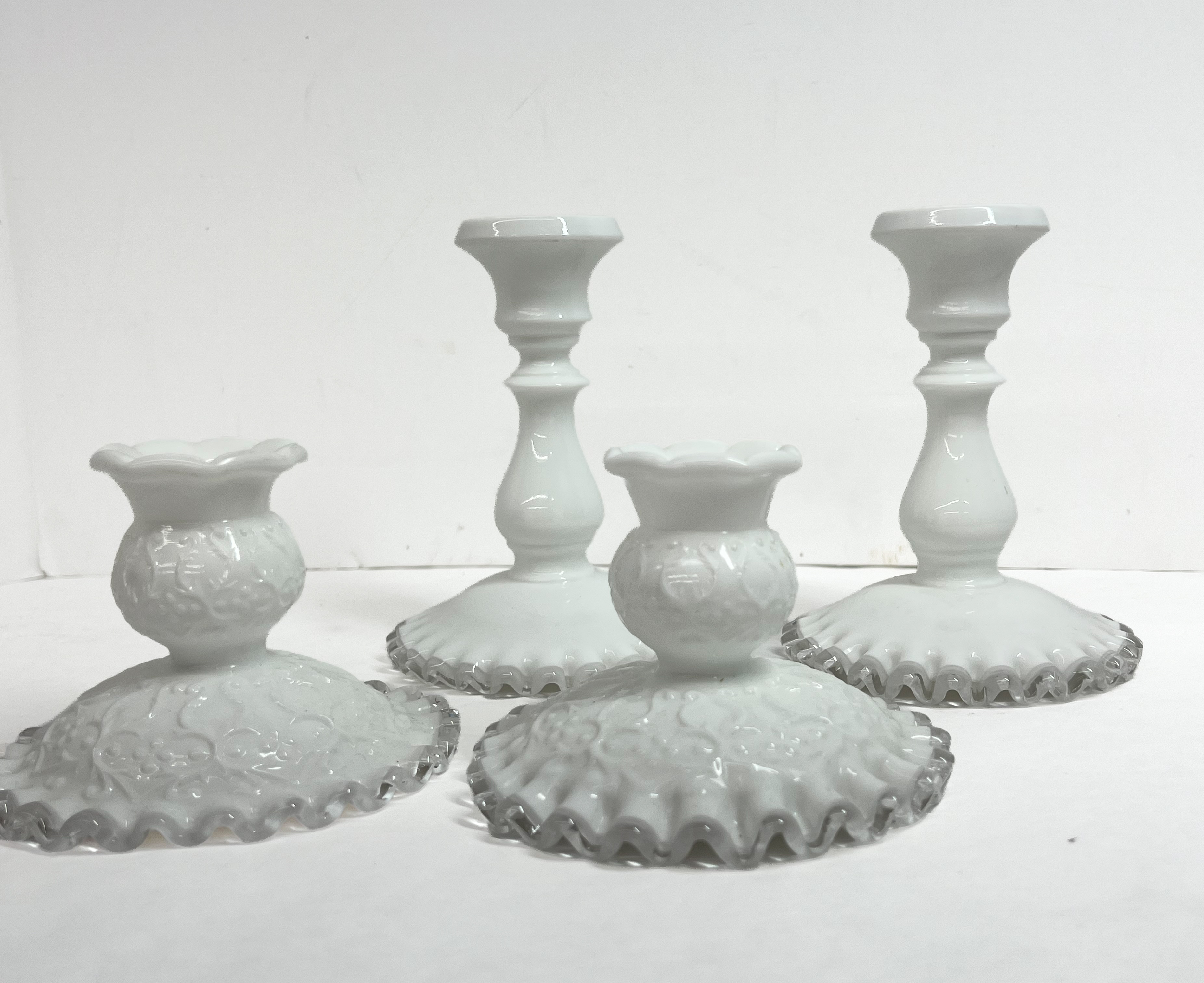 FENTON SILVER CREST MILK GLASS CANDLESTICKS, MID-CENTURY