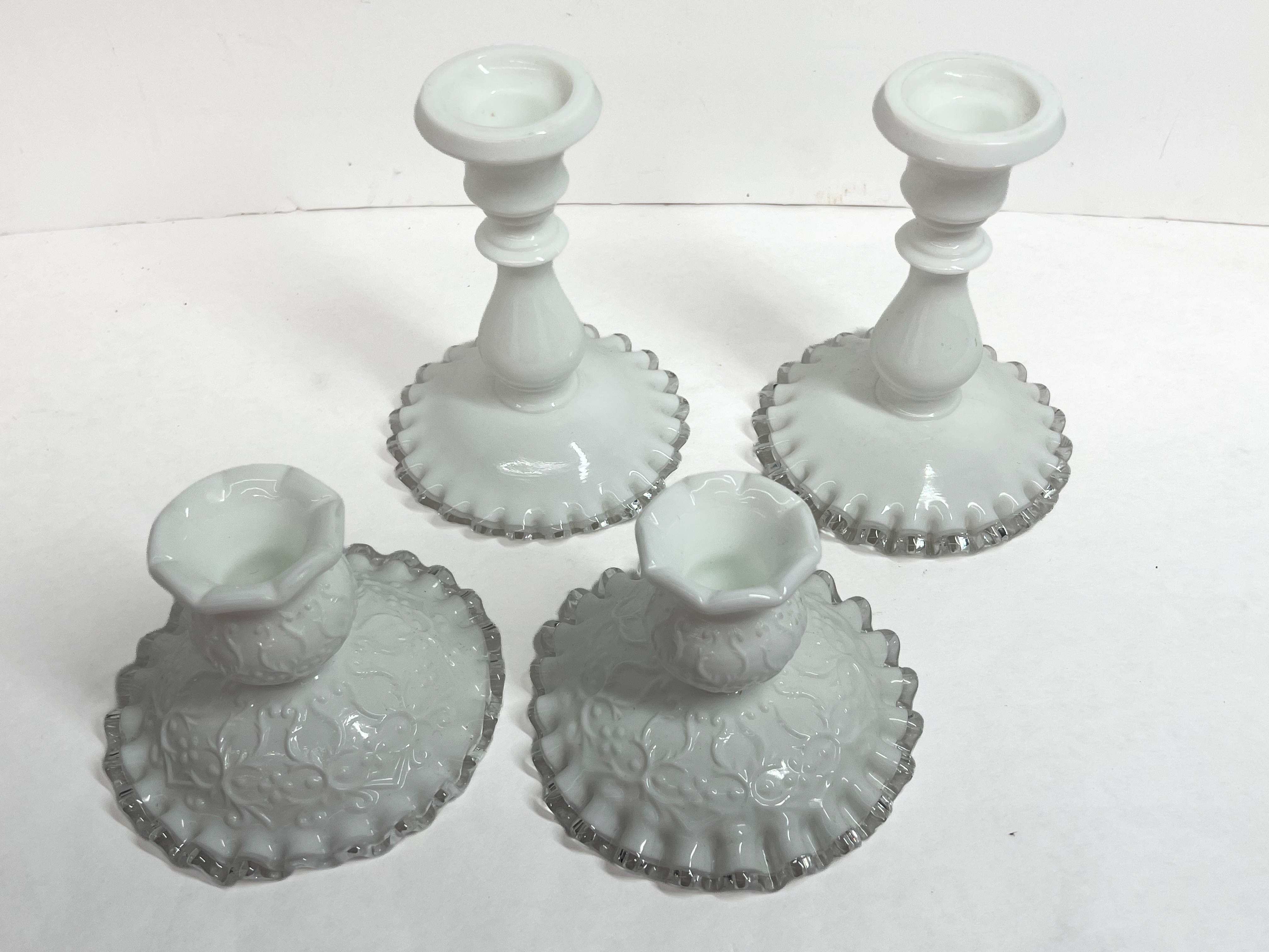 FENTON SILVER CREST MILK GLASS CANDLESTICKS, MID-CENTURY