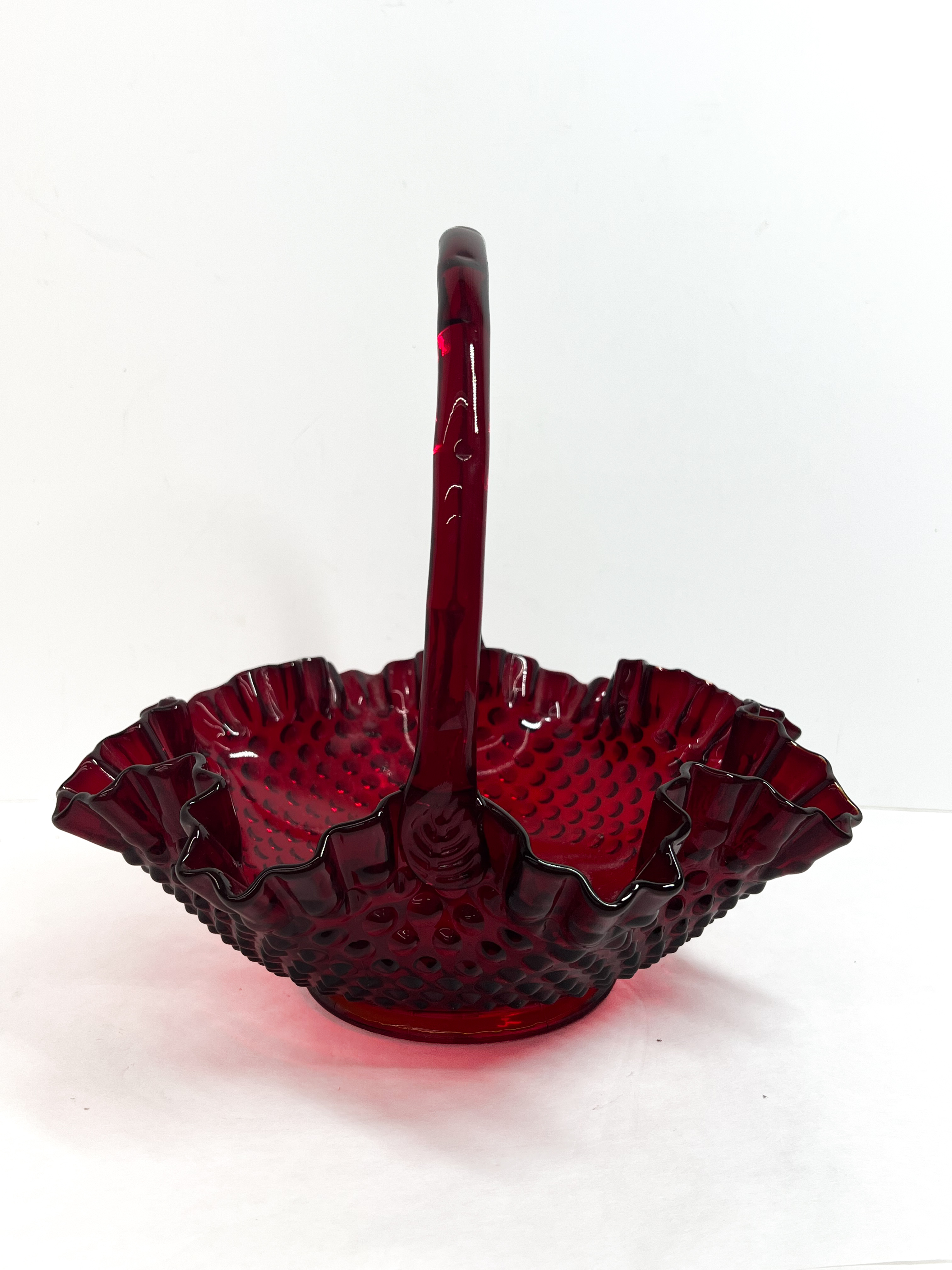 Fenton Ruby Red Amberina Hobnail Glass Basket with Applied Handle