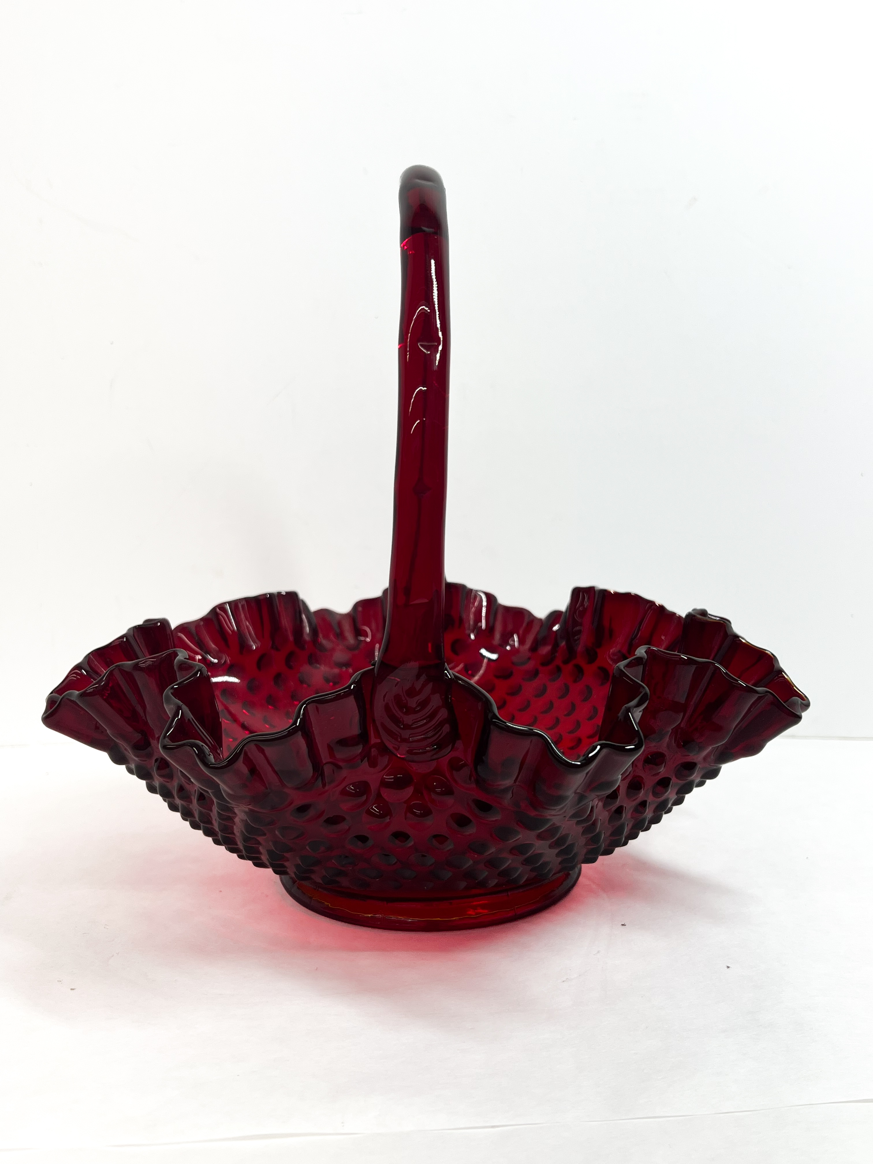 Fenton Ruby Red Amberina Hobnail Glass Basket with Applied Handle