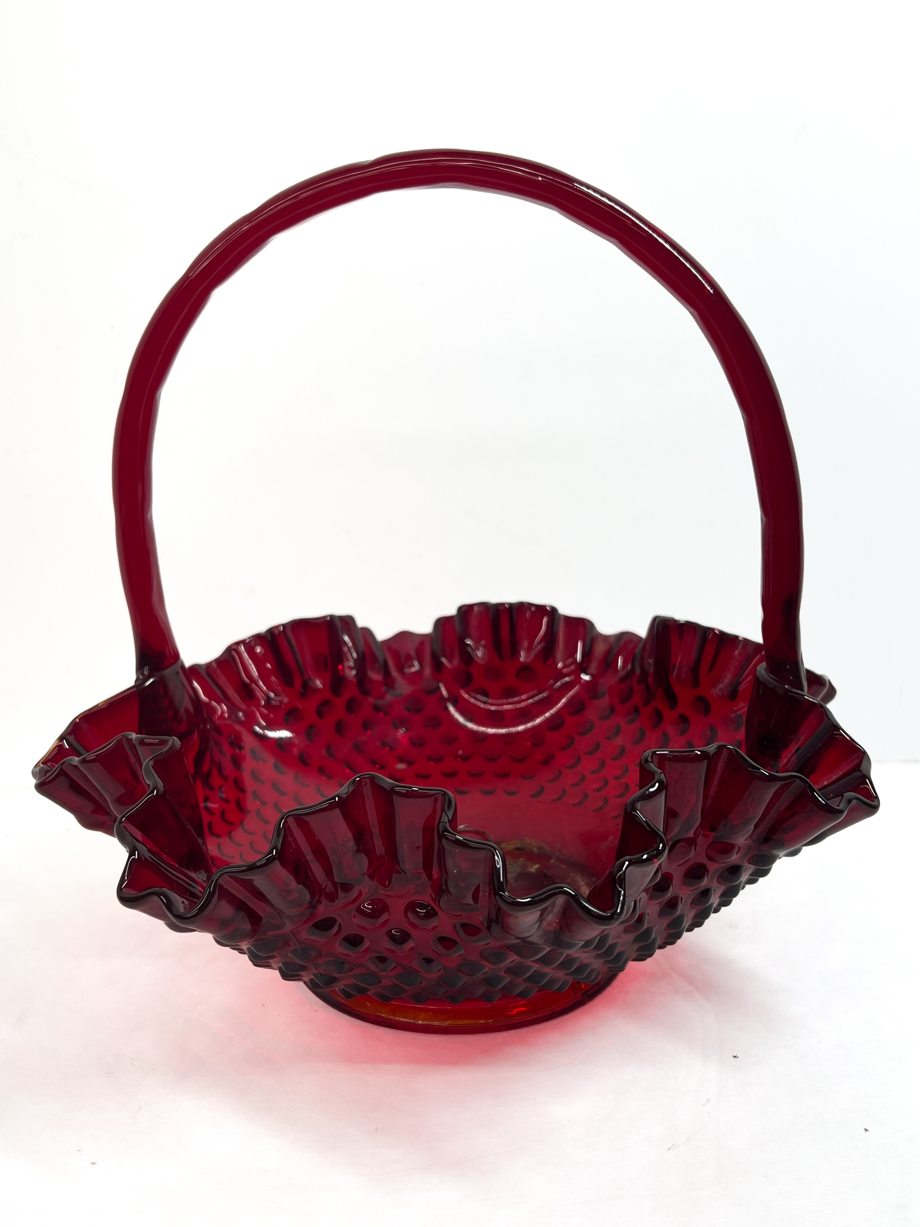 Fenton Ruby Red Amberina Hobnail Glass Basket with Applied Handle