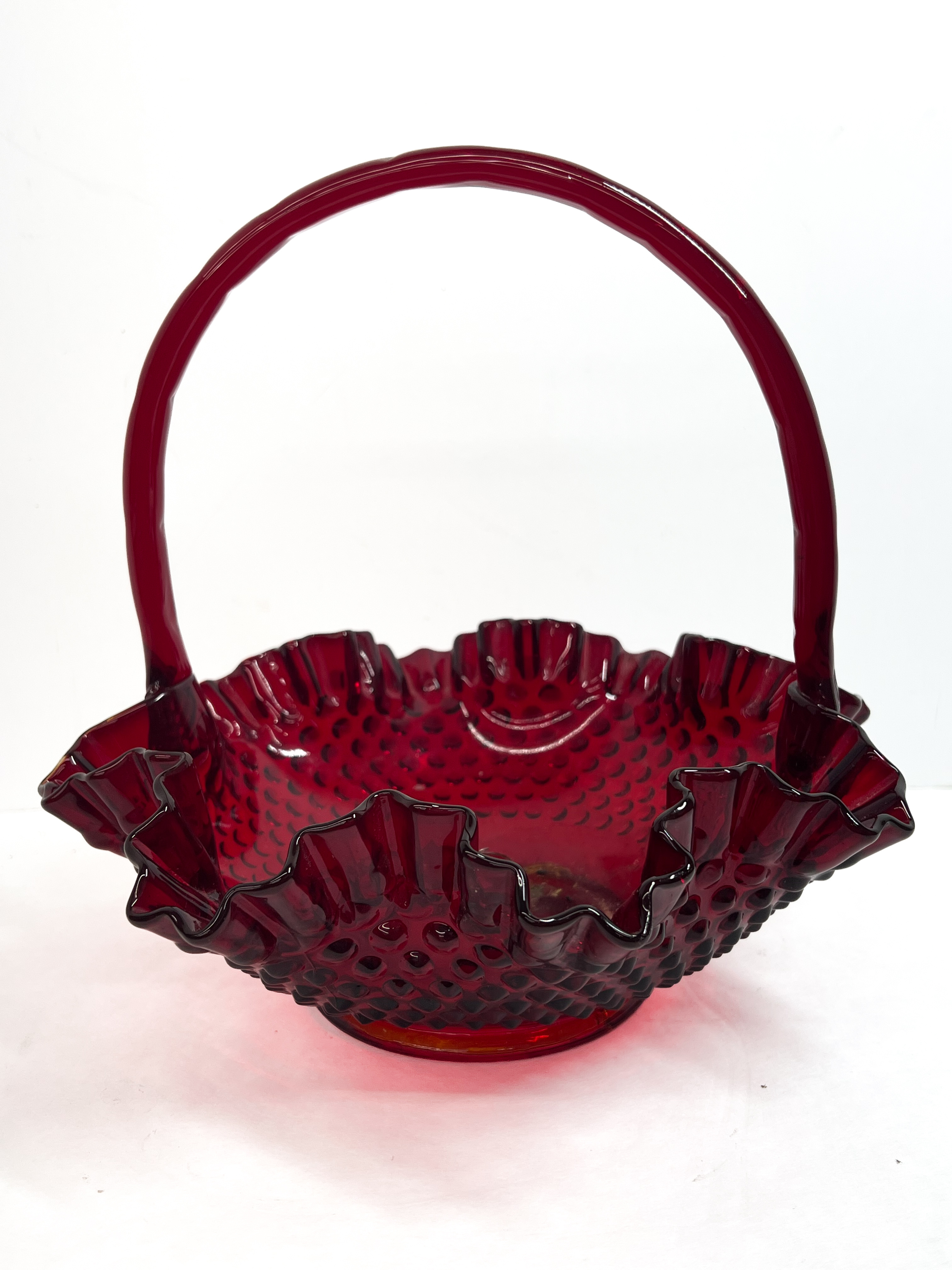 Fenton Ruby Red Amberina Hobnail Glass Basket with Applied Handle