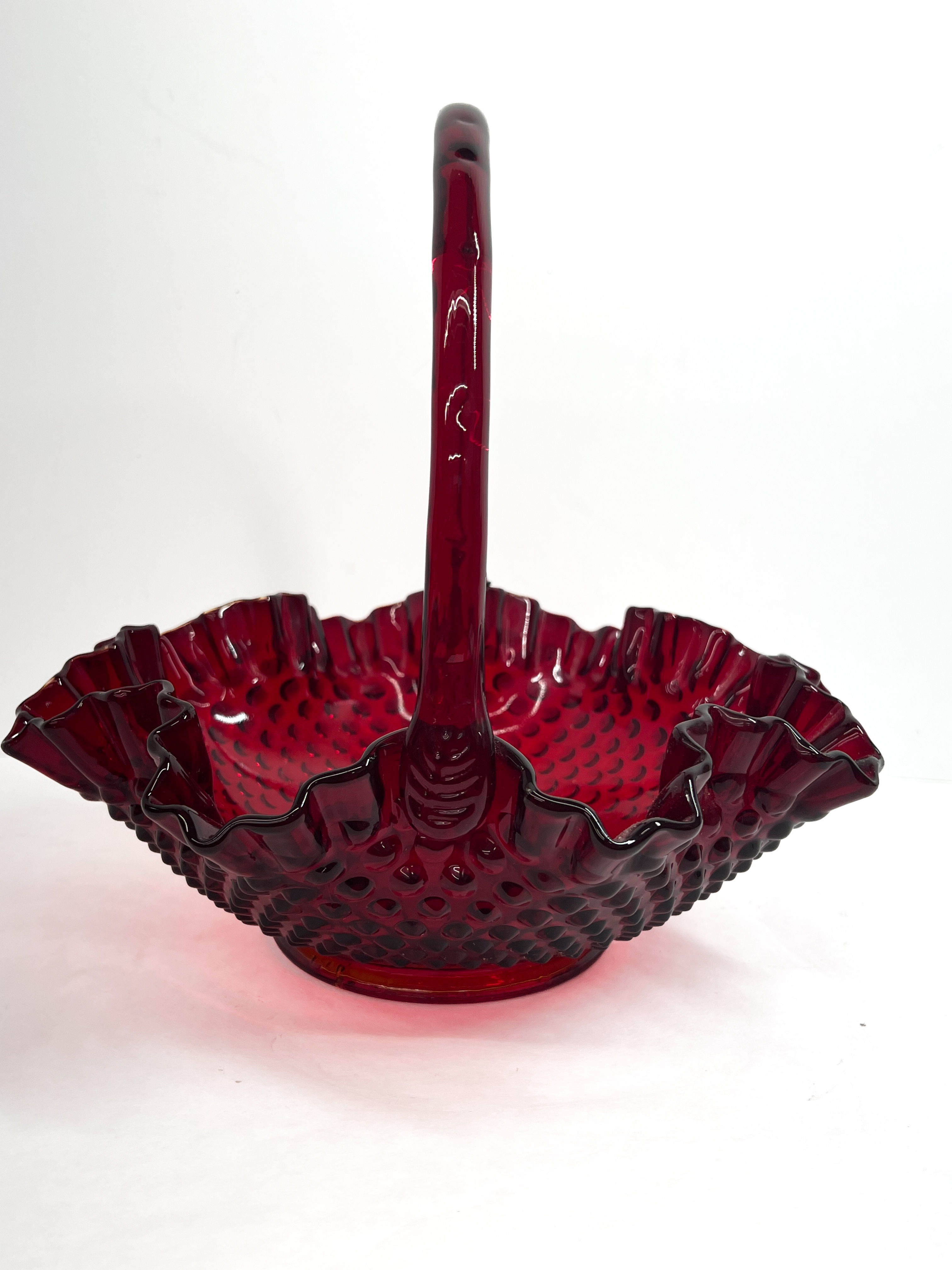 Fenton Ruby Red Amberina Hobnail Glass Basket with Applied Handle