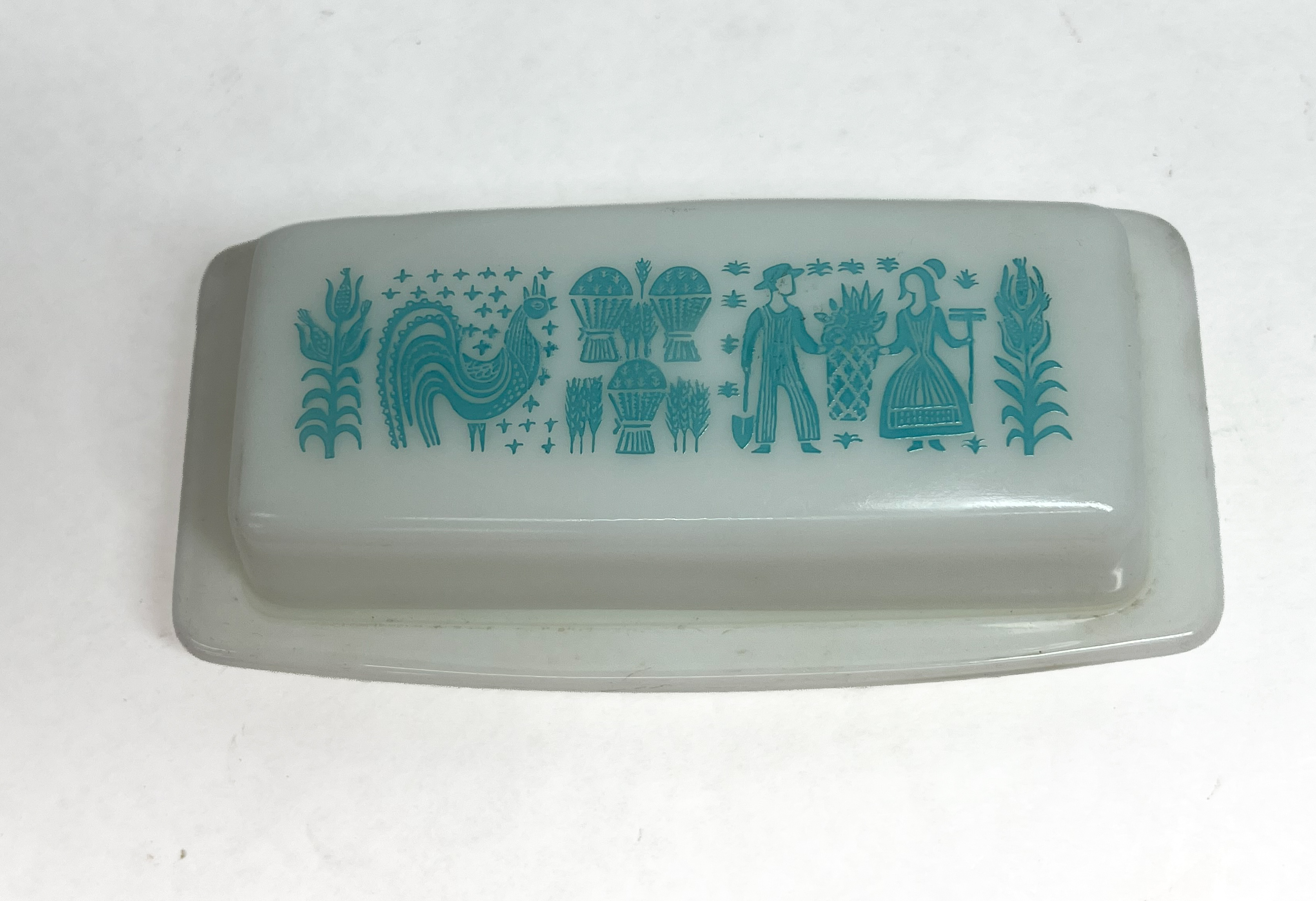 Vintage Pyrex Butterprint Pattern Turquoise Blue Milk Glass Butter Dish
