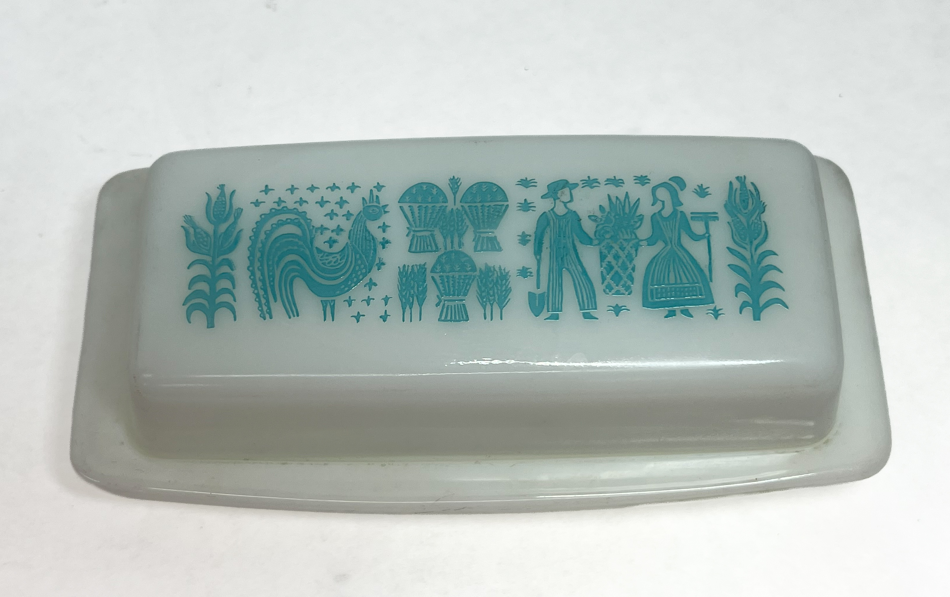 Vintage Pyrex Butterprint Pattern Turquoise Blue Milk Glass Butter Dish