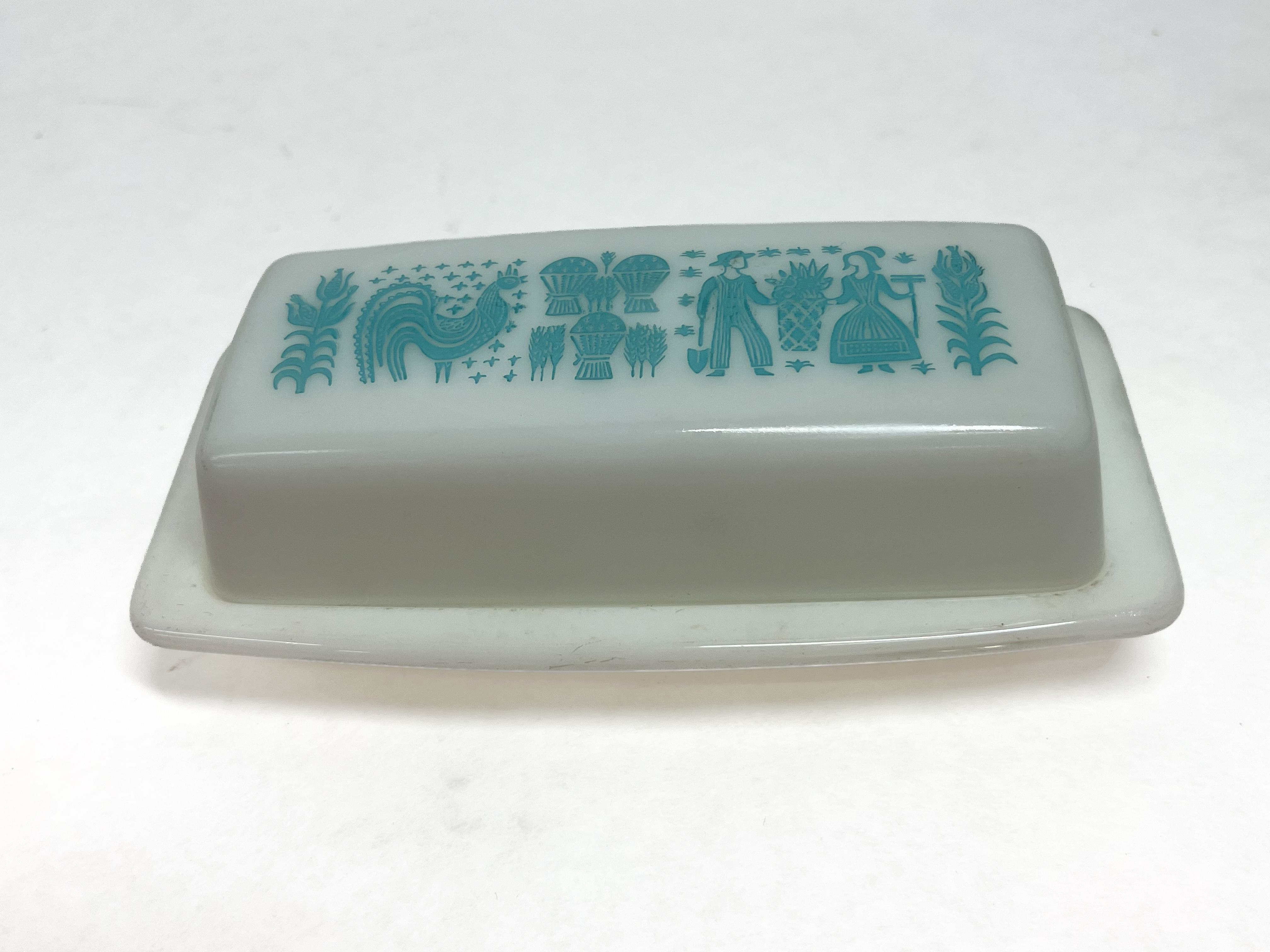 Vintage Pyrex Butterprint Pattern Turquoise Blue Milk Glass Butter Dish