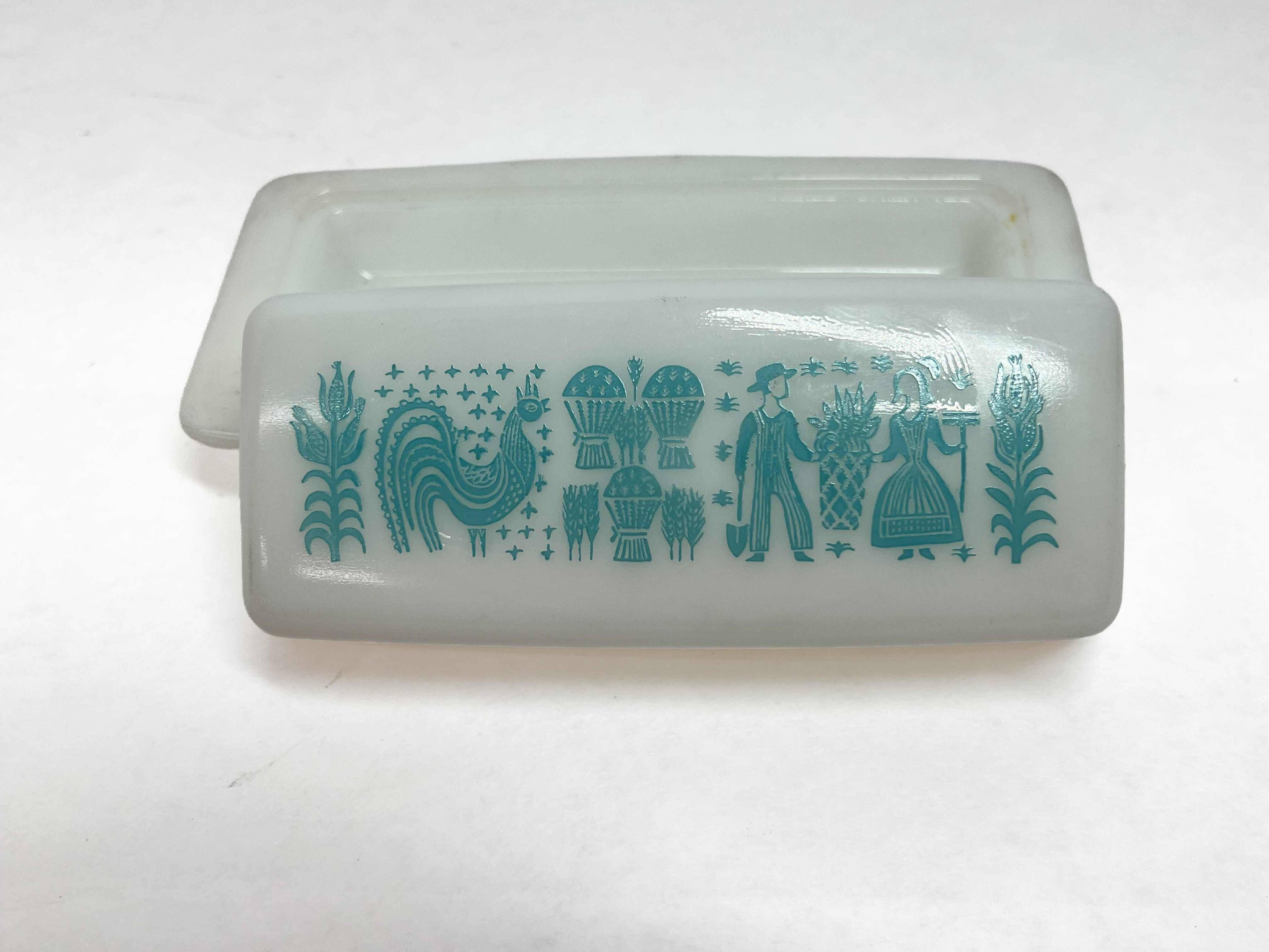 Vintage Pyrex Butterprint Pattern Turquoise Blue Milk Glass Butter Dish