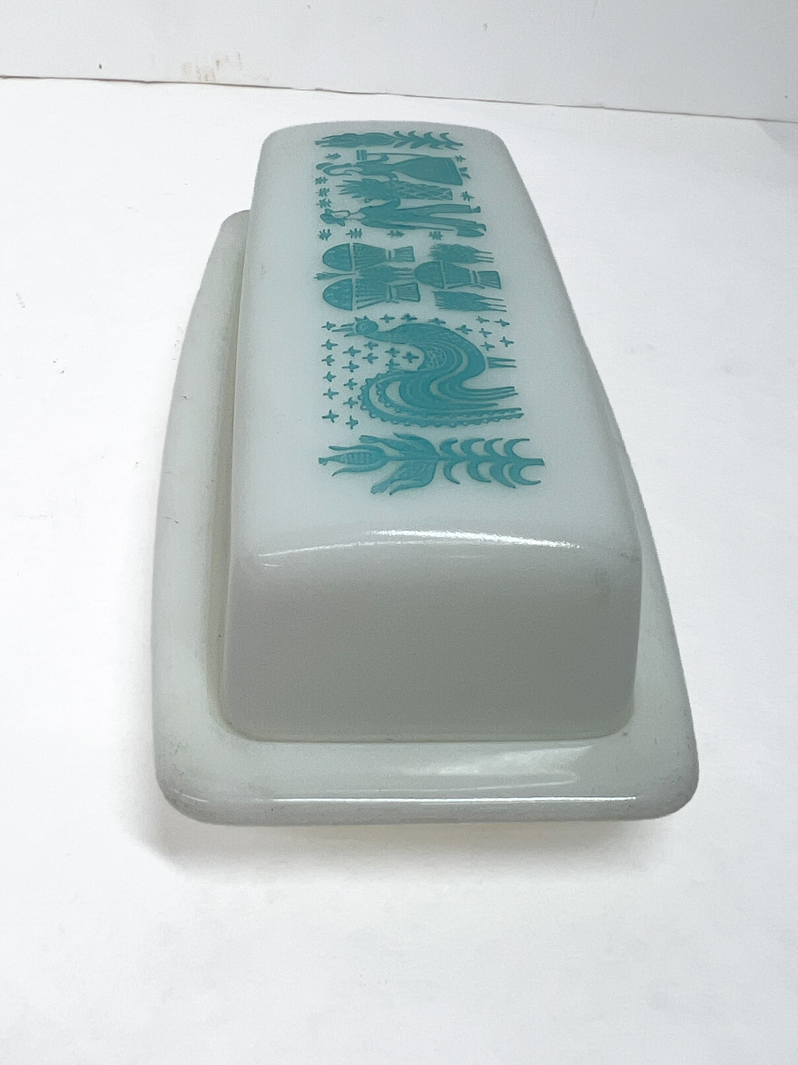 Vintage Pyrex Butterprint Pattern Turquoise Blue Milk Glass Butter Dish