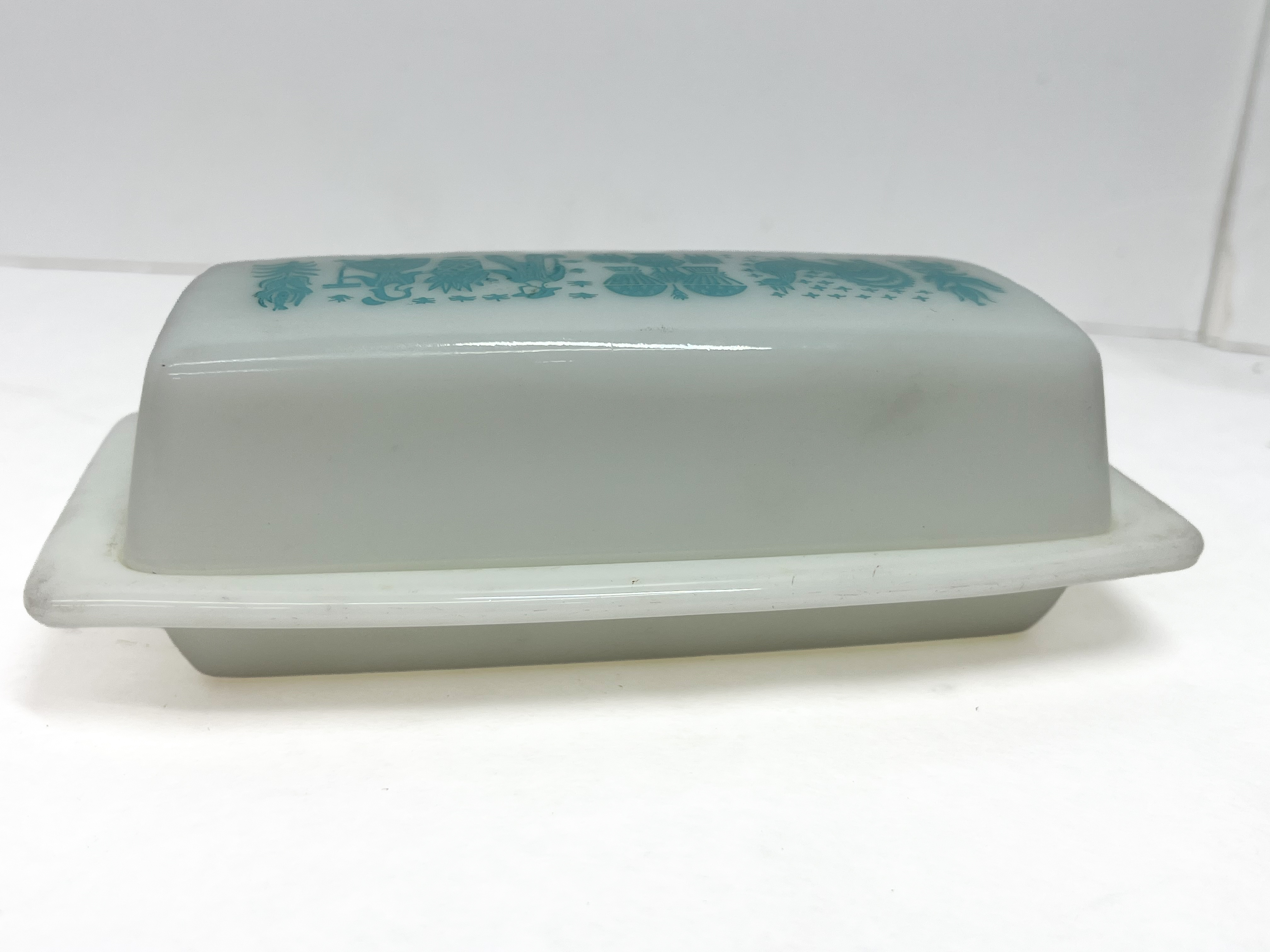 Vintage Pyrex Butterprint Pattern Turquoise Blue Milk Glass Butter Dish