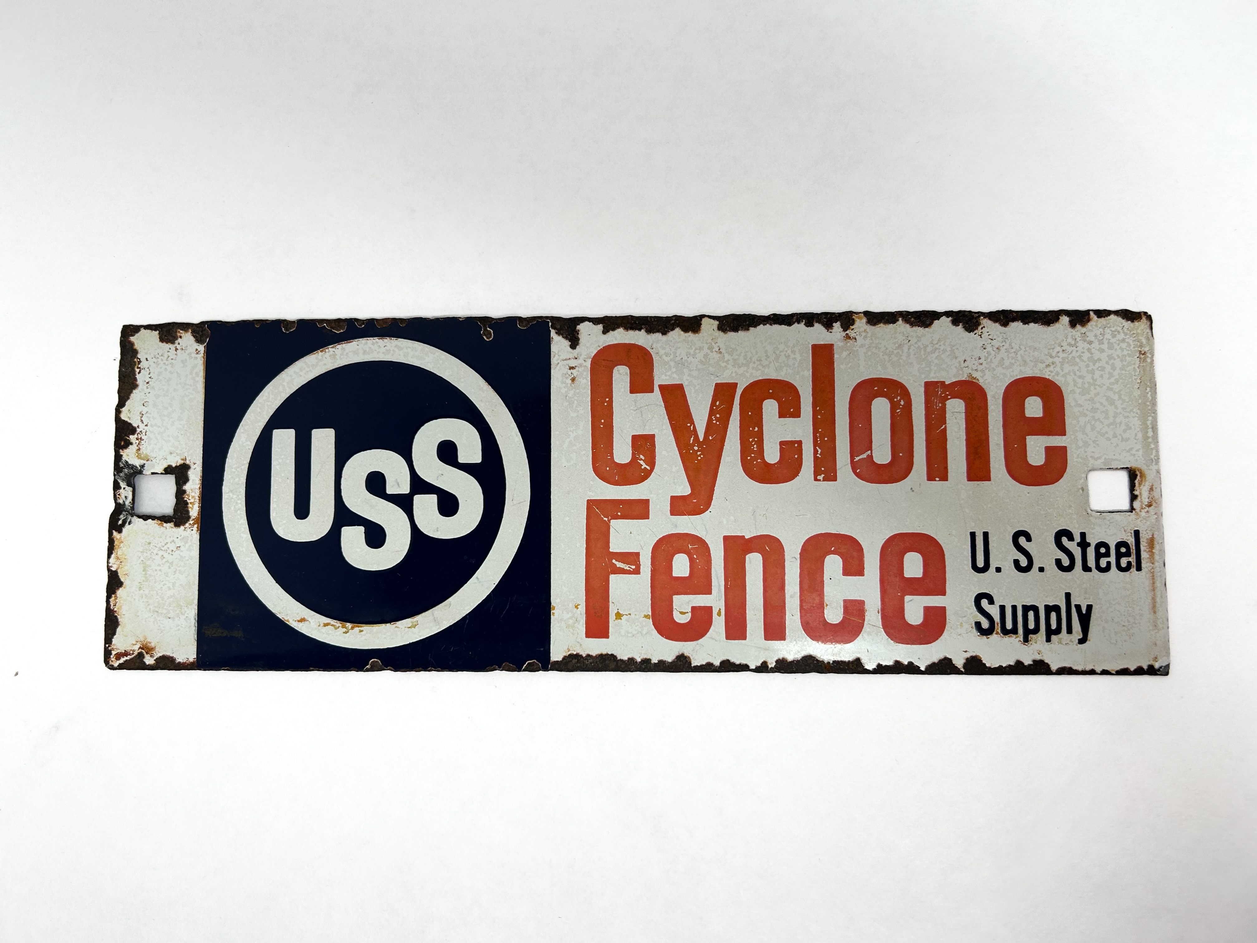 USS CYCLONE FENCE PORCELAIN SIGN, 1950S