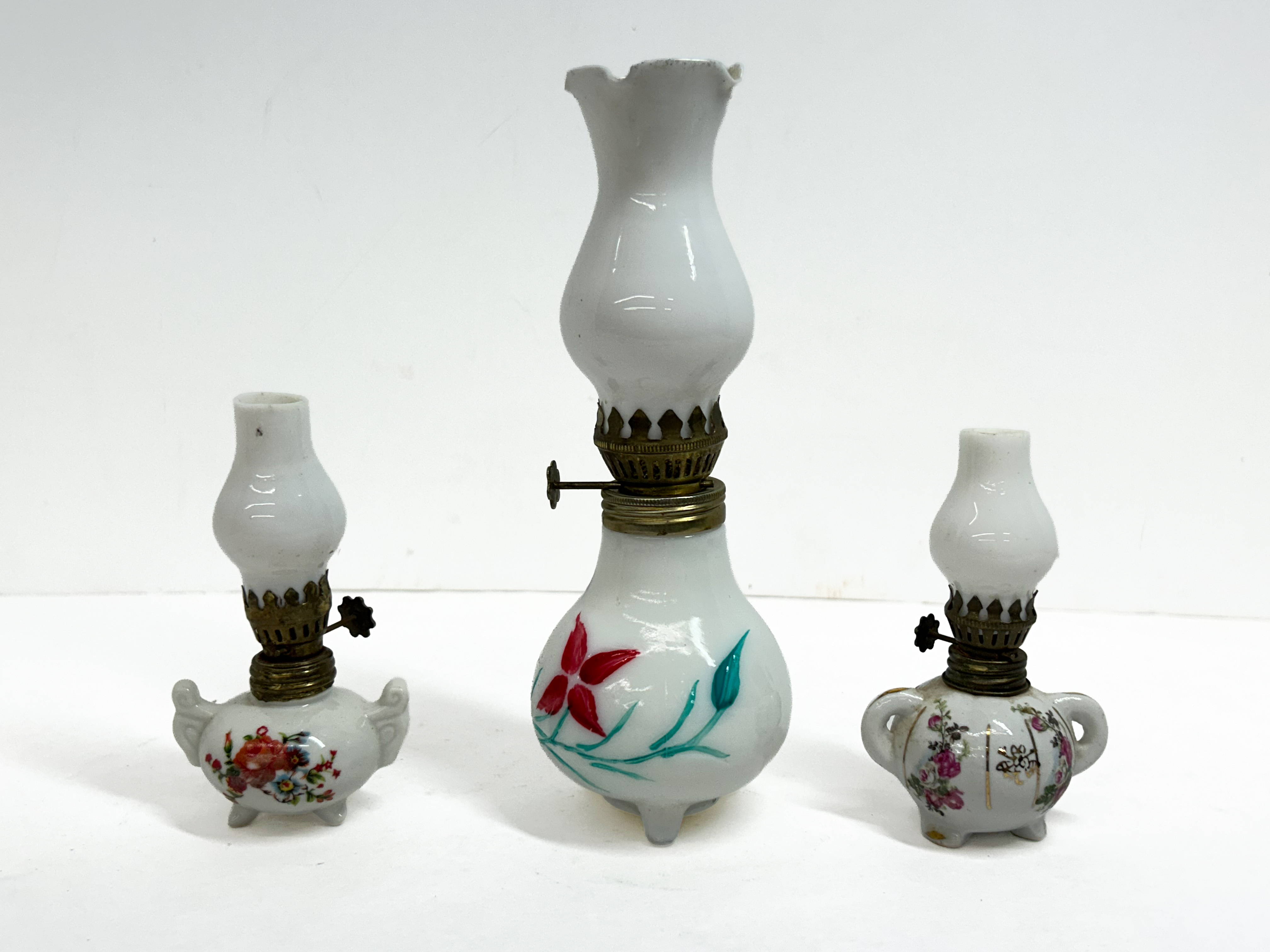 THREE VINTAGE MINIATURE MILK GLASS LAMPS