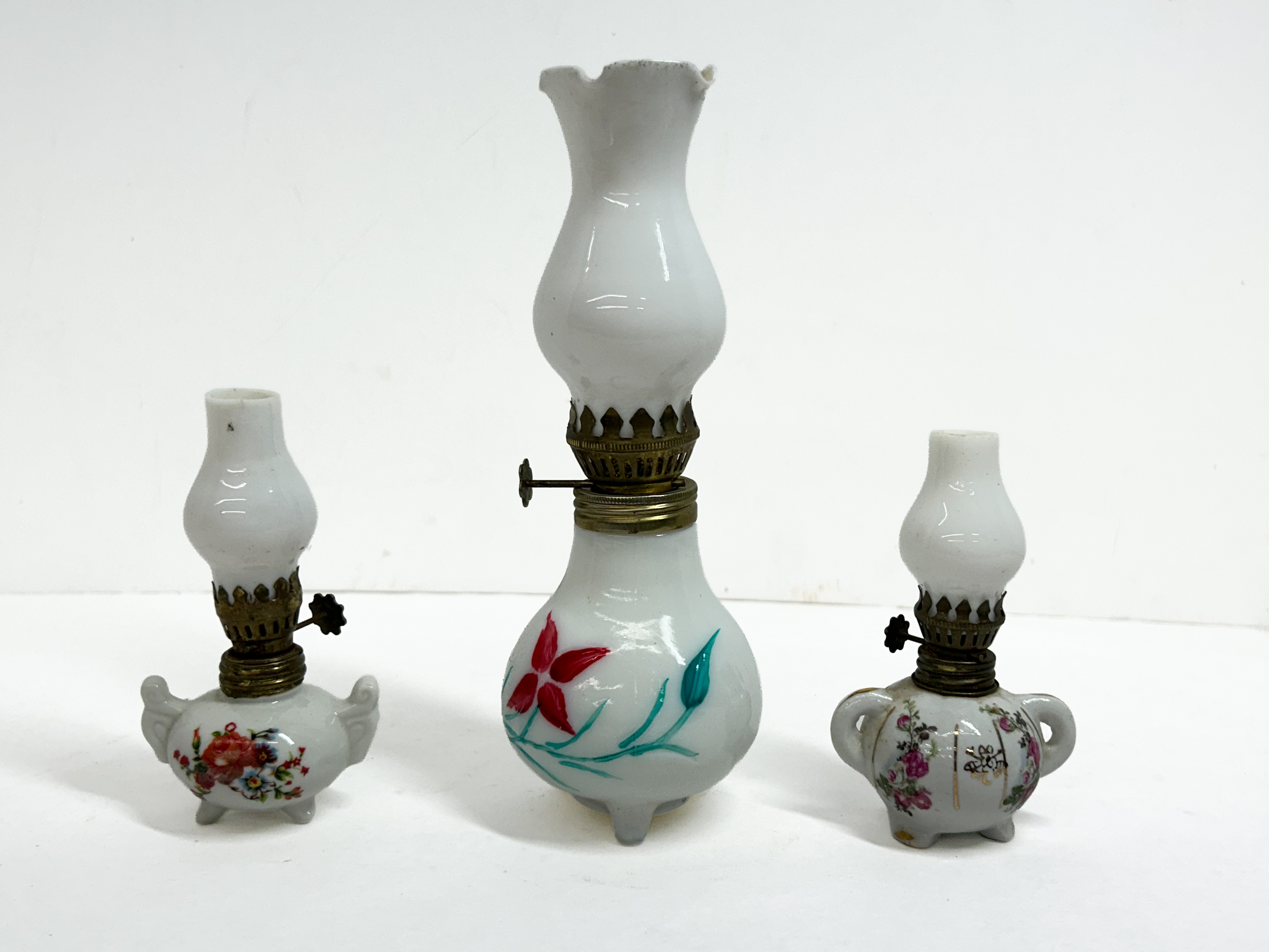 THREE VINTAGE MINIATURE MILK GLASS LAMPS