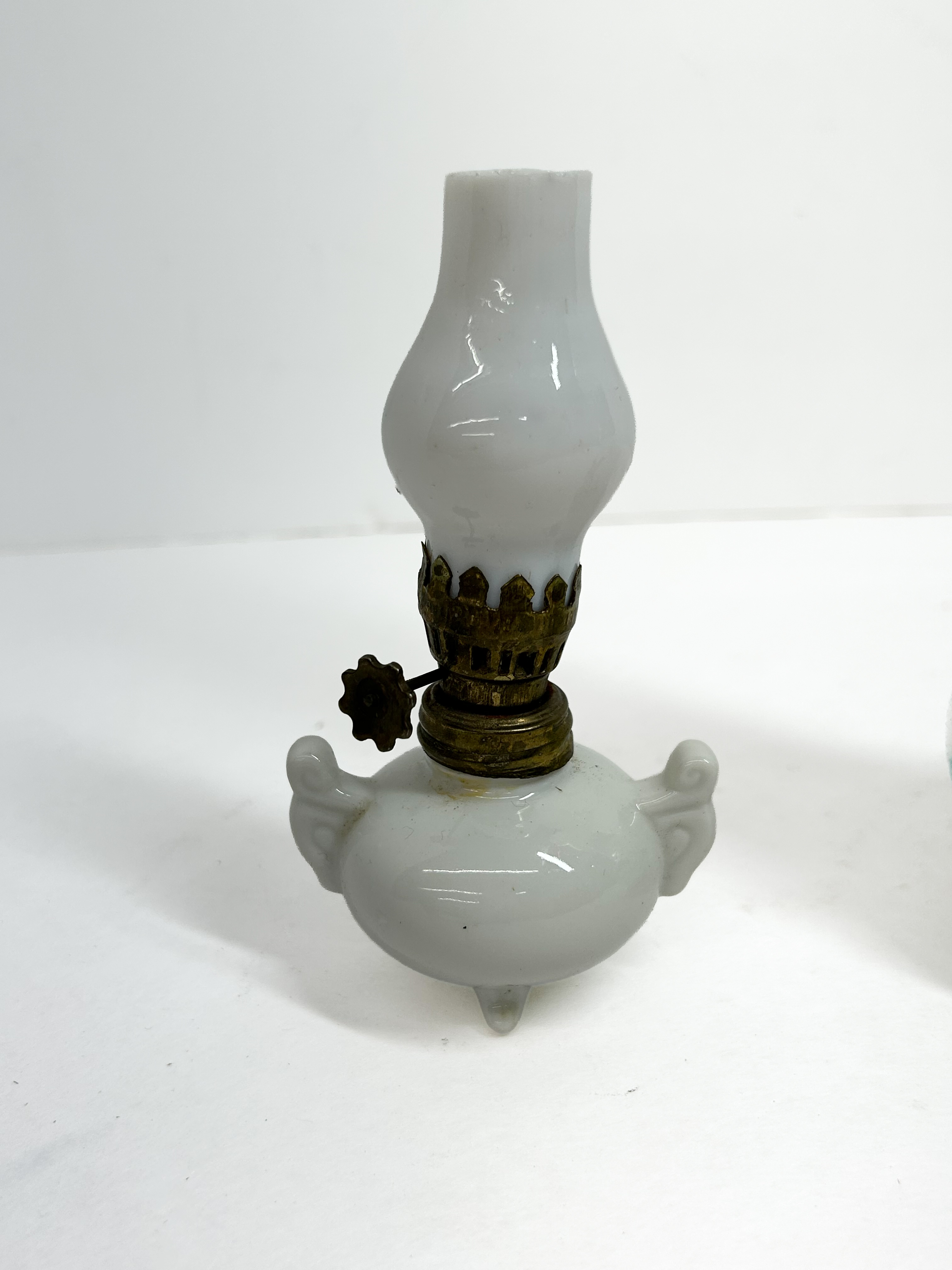 THREE VINTAGE MINIATURE MILK GLASS LAMPS