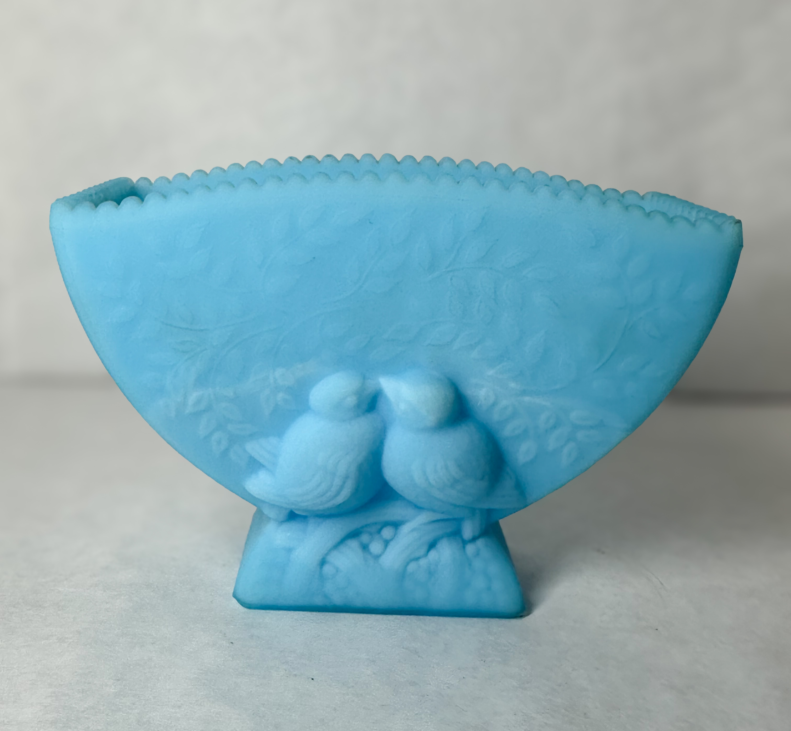 FENTON BLUE SATIN LOVEBIRDS VASE