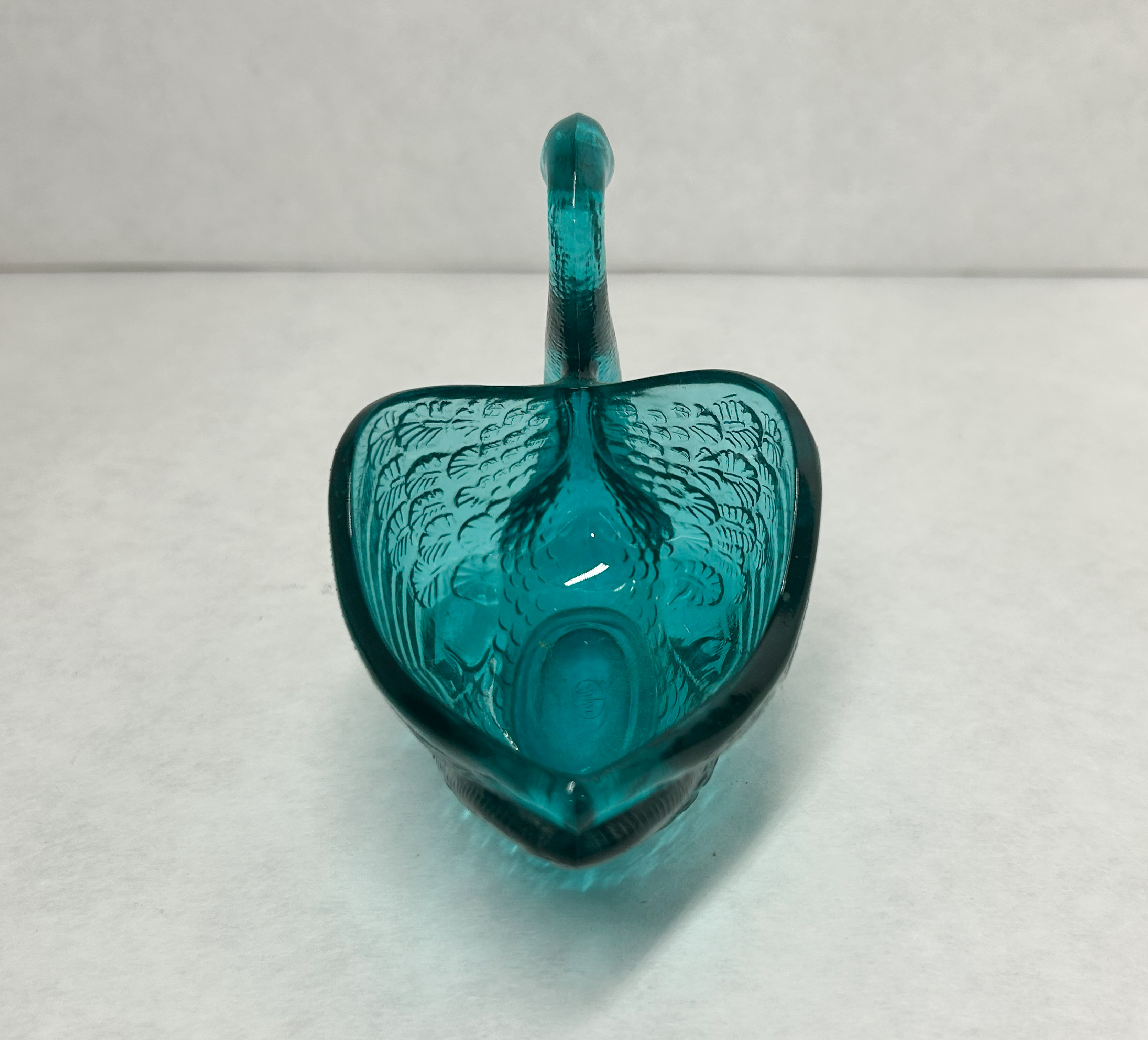 FENTON AQUA GLASS SWAN DISH, 1971