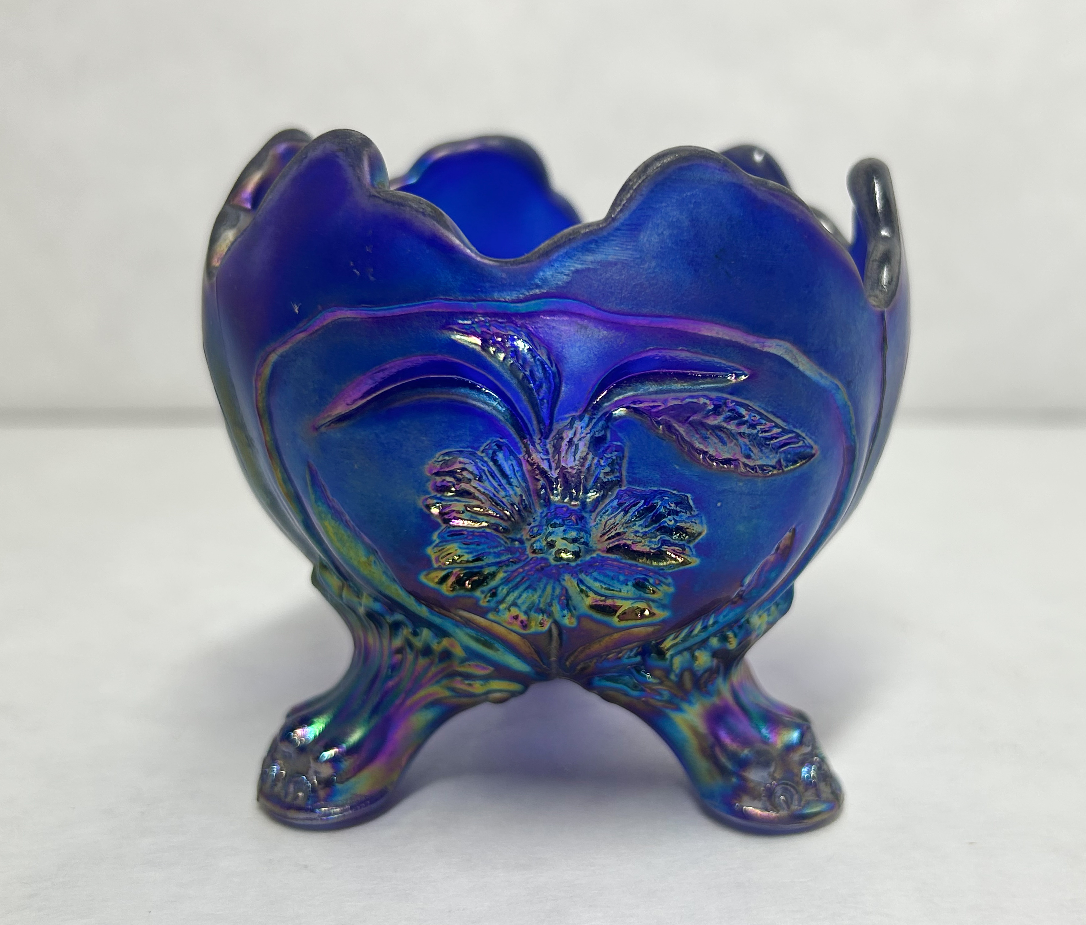GIBSON BLUE CARNIVAL GLASS BOWL, 1980S