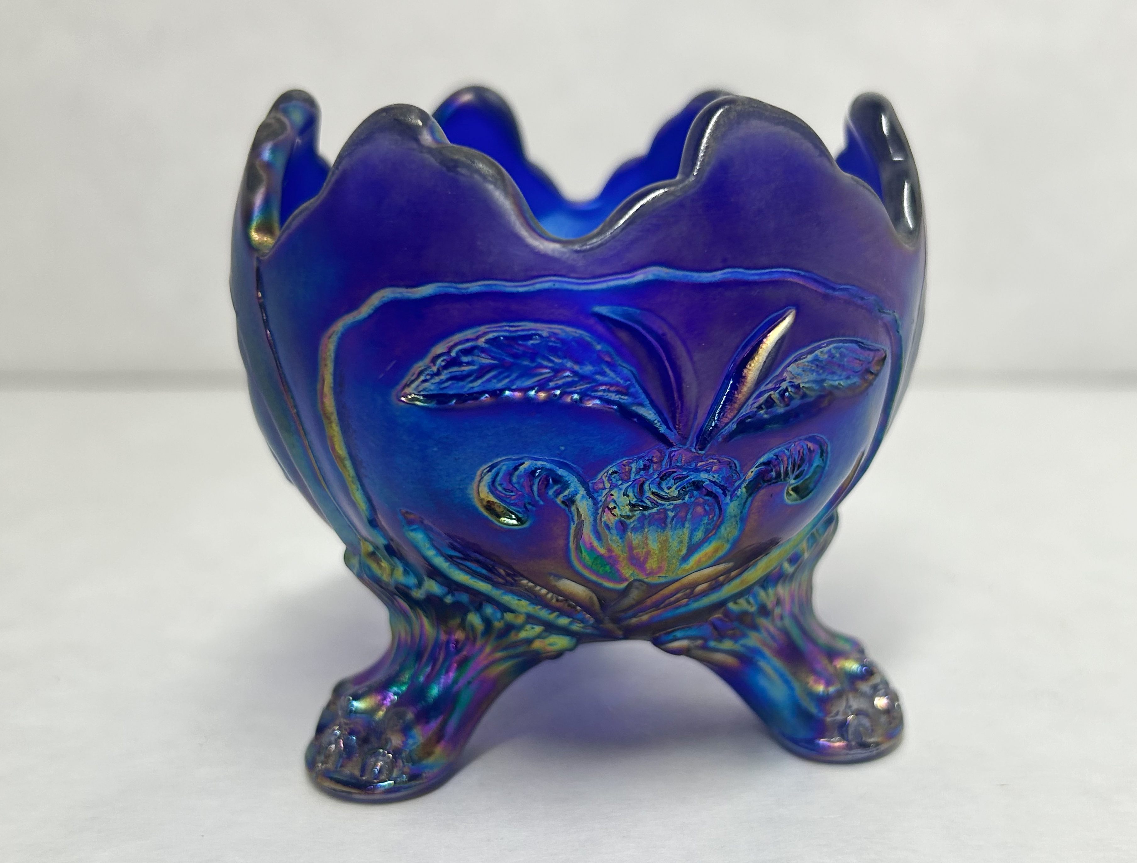 GIBSON BLUE CARNIVAL GLASS BOWL, 1980S