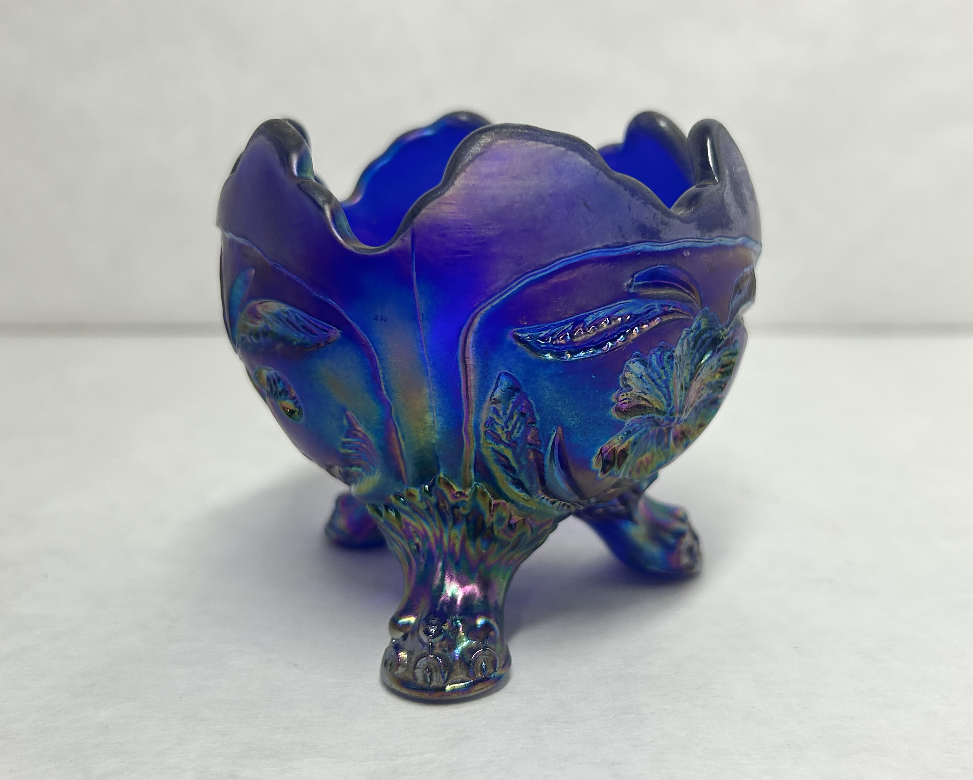 GIBSON BLUE CARNIVAL GLASS BOWL, 1980S