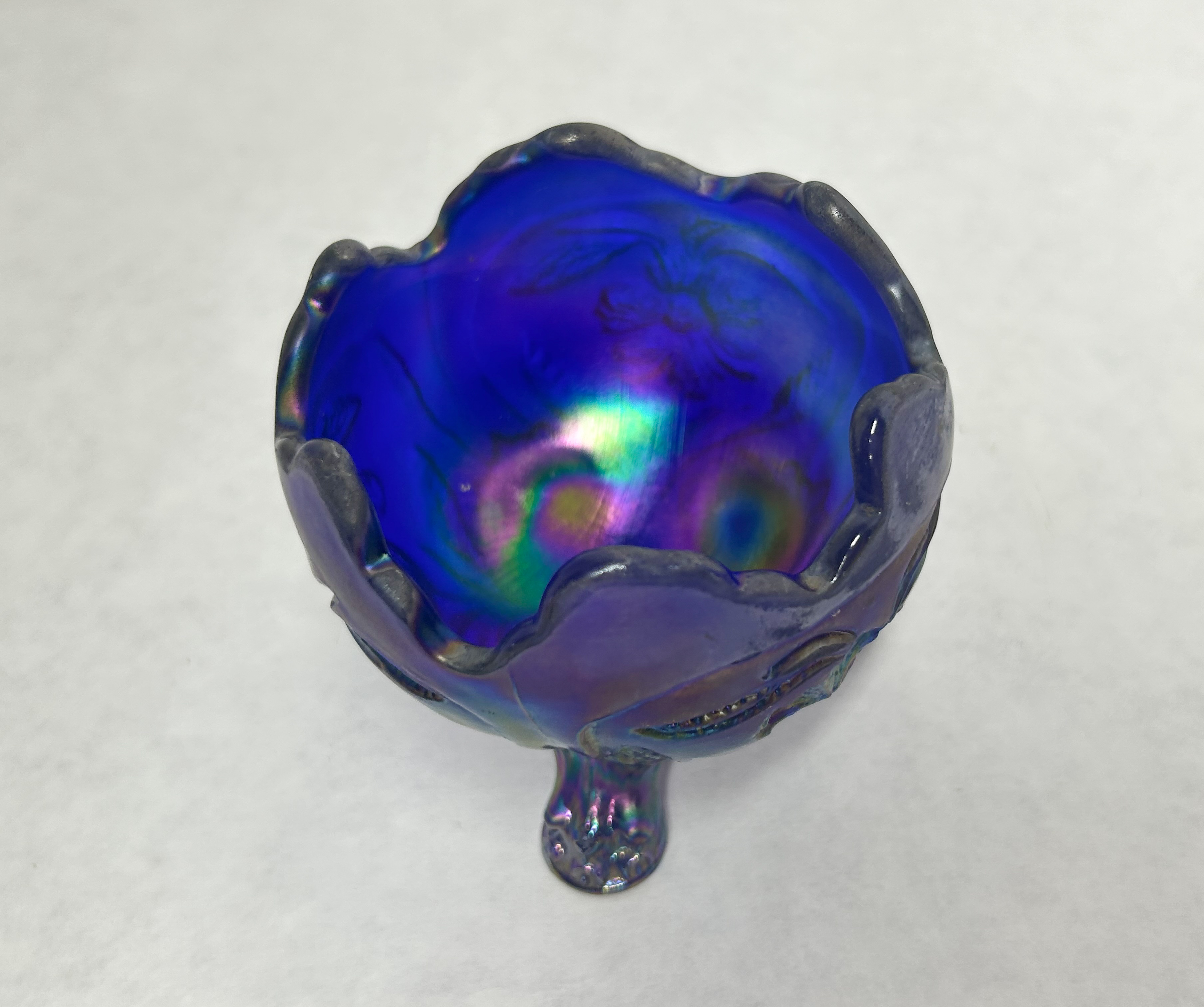 GIBSON BLUE CARNIVAL GLASS BOWL, 1980S