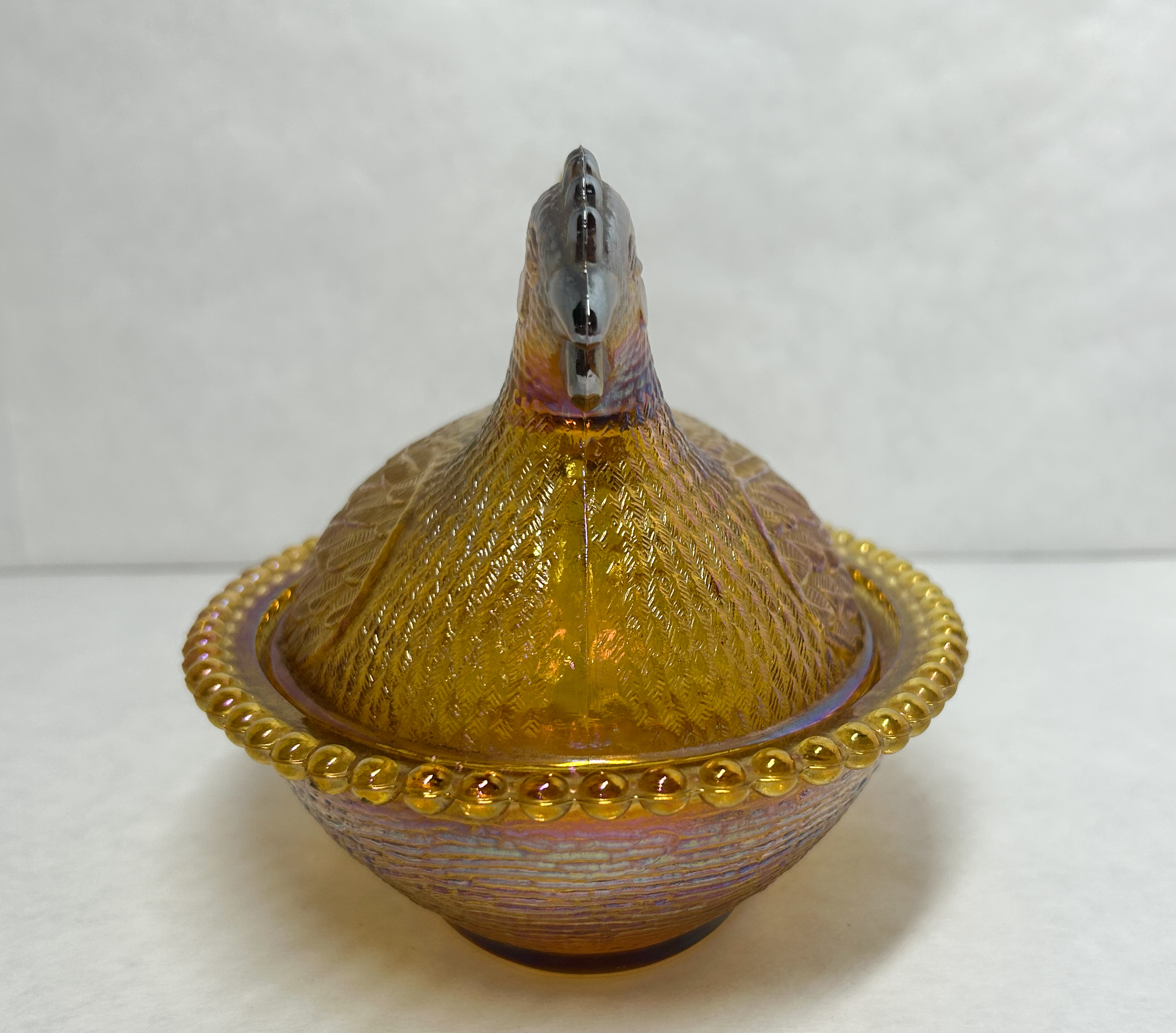 INDIANA GLASS AMBER CARNIVAL HEN ON NEST