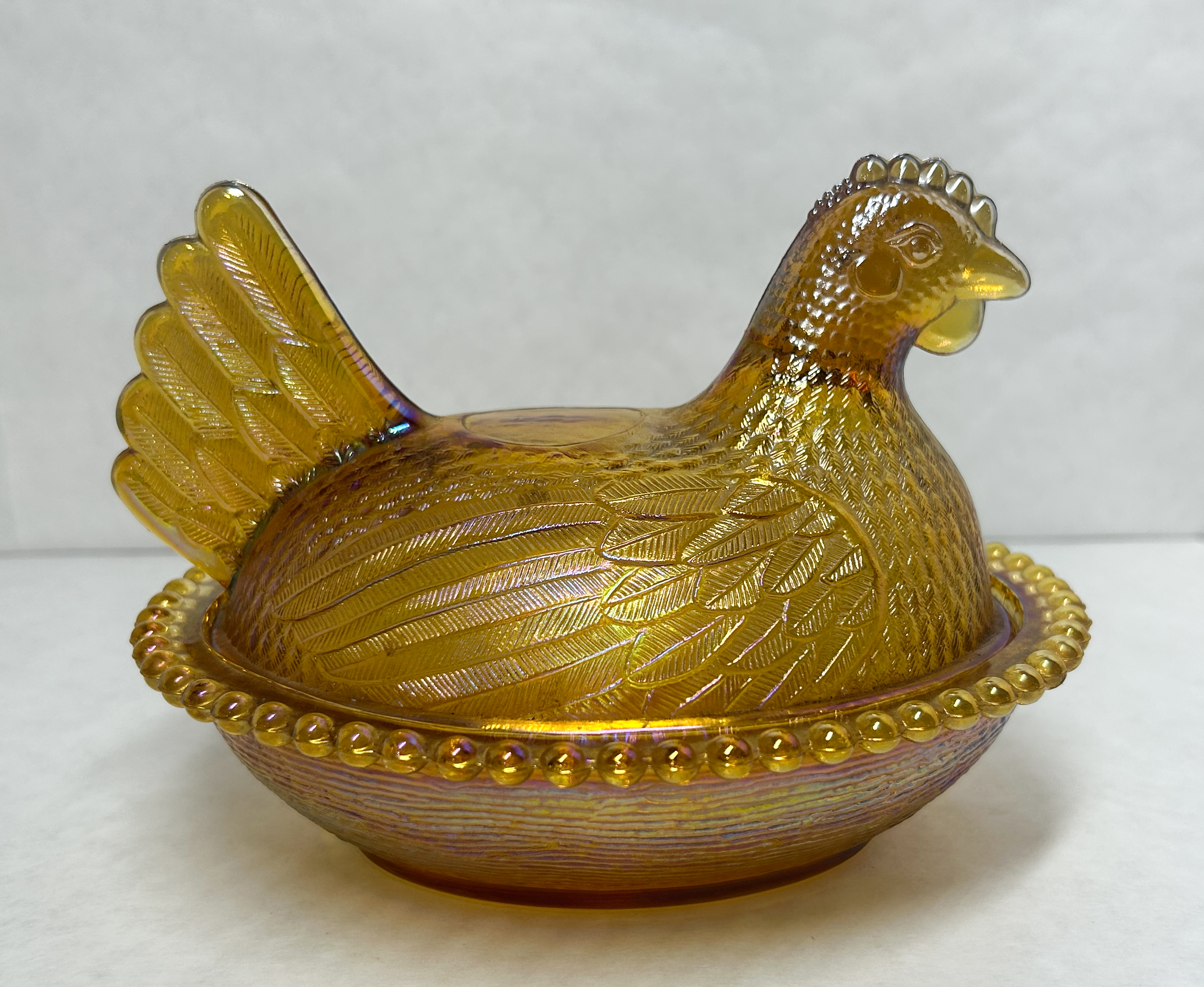 INDIANA GLASS AMBER CARNIVAL HEN ON NEST