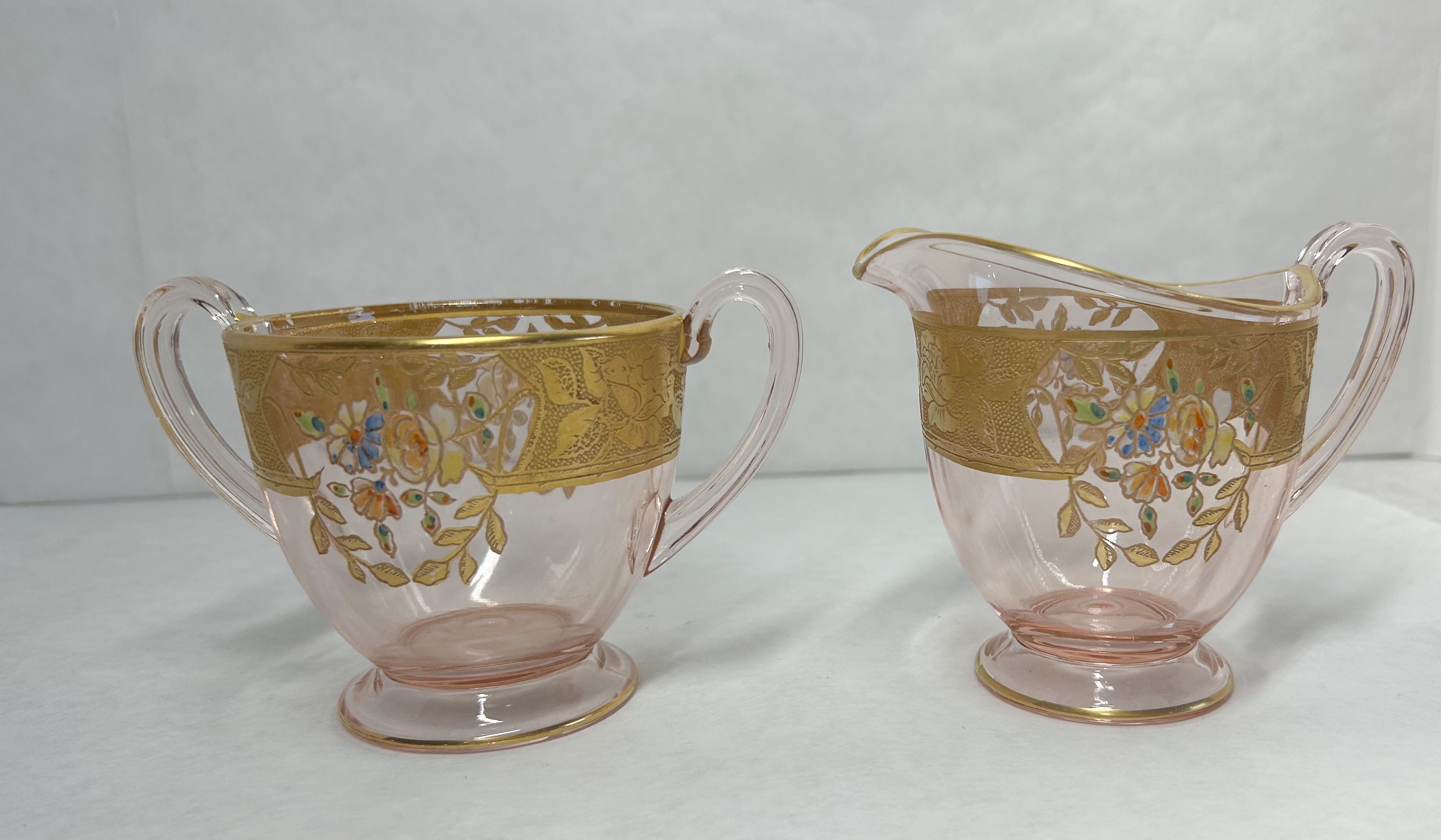 LOTUS PINK GLASS CREAMER AND SUGAR, CIRCA 1930