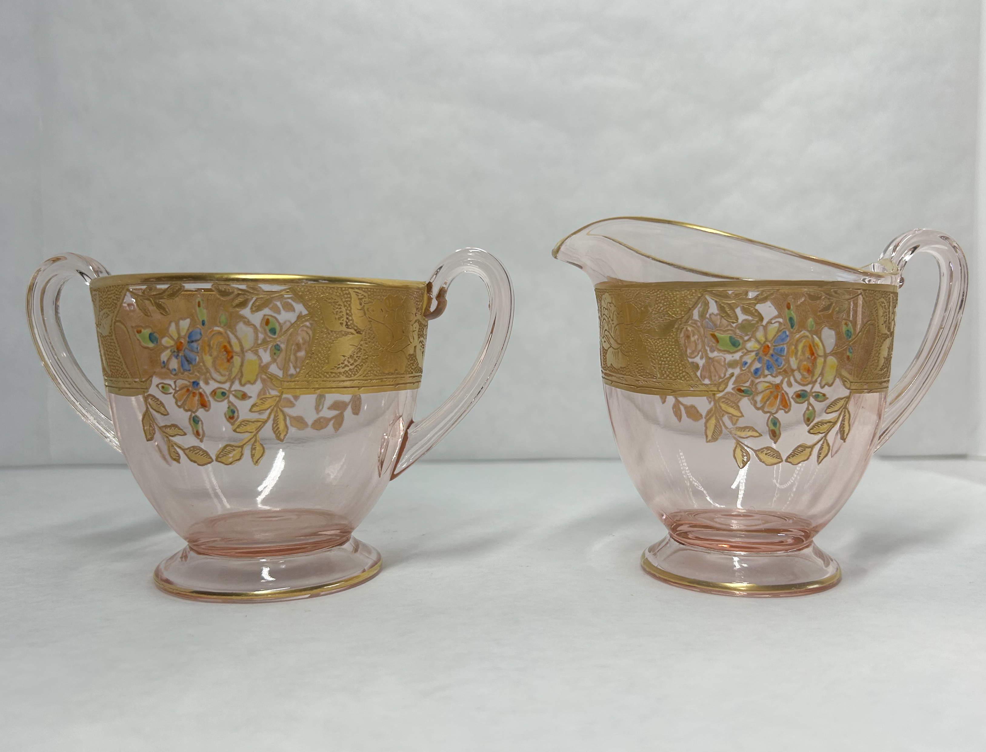 LOTUS PINK GLASS CREAMER AND SUGAR, CIRCA 1930