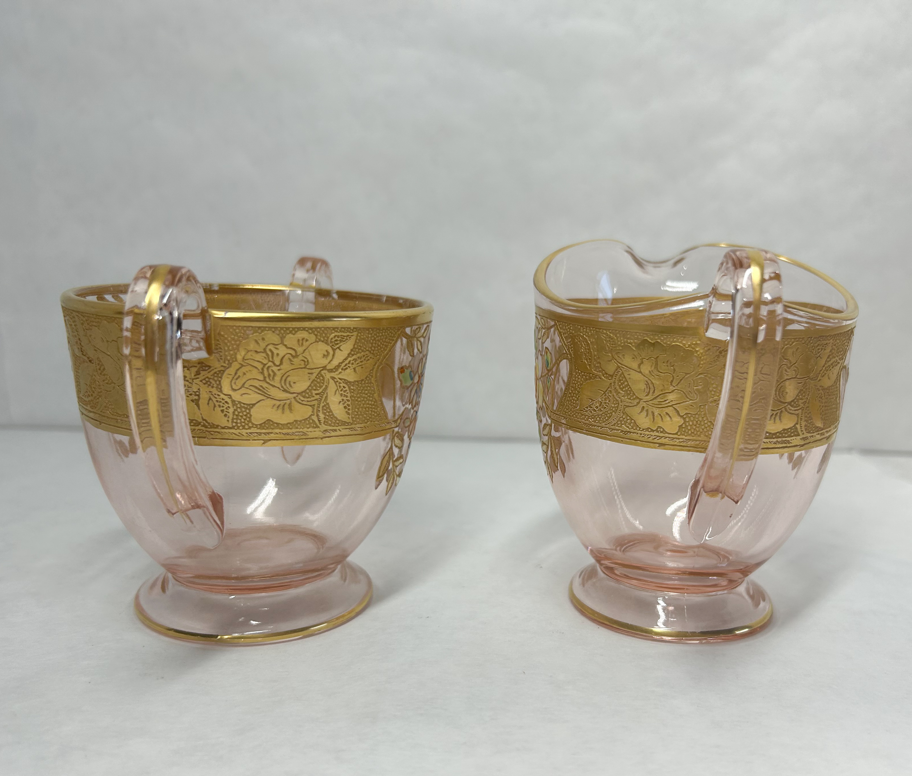 LOTUS PINK GLASS CREAMER AND SUGAR, CIRCA 1930