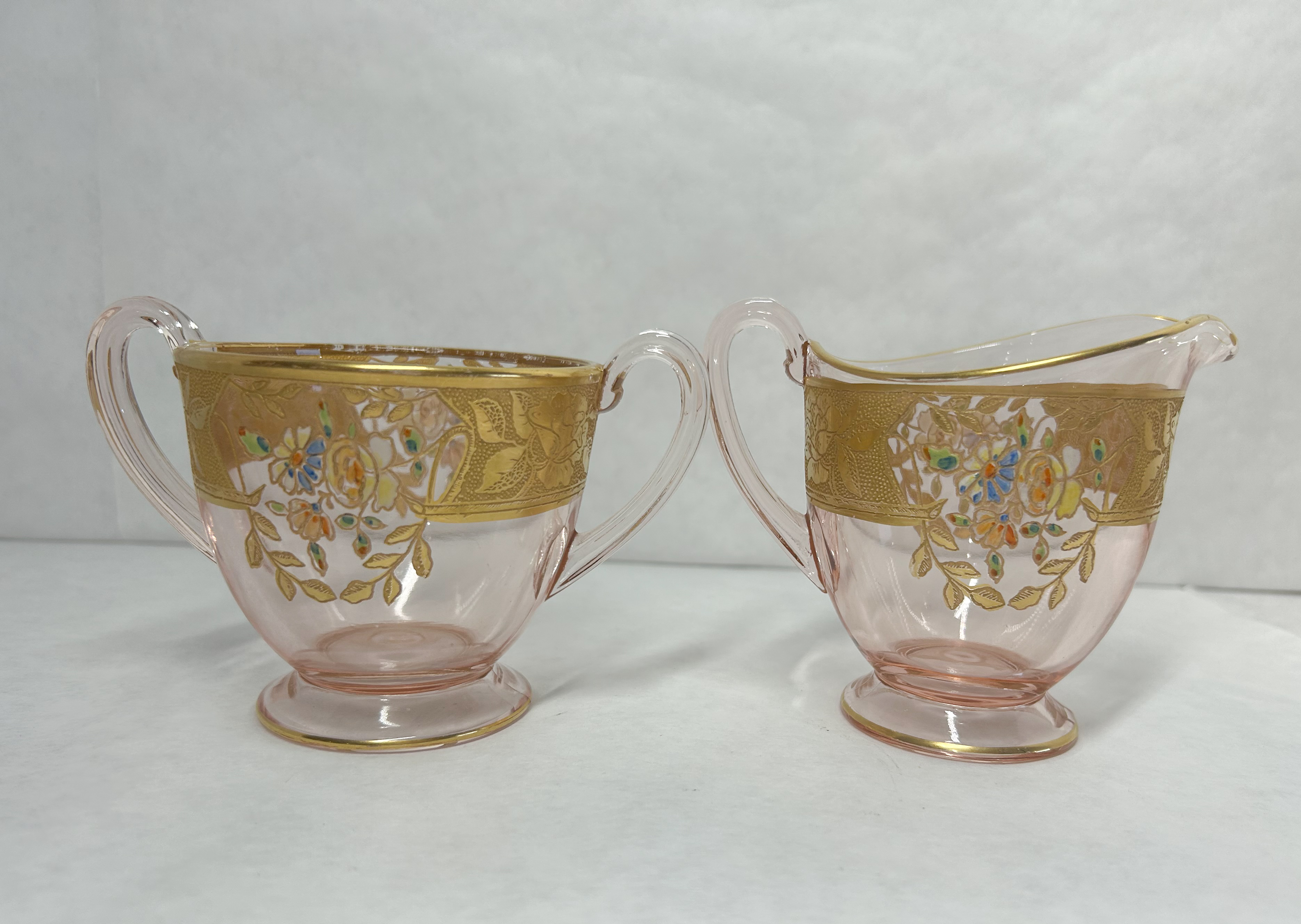 LOTUS PINK GLASS CREAMER AND SUGAR, CIRCA 1930