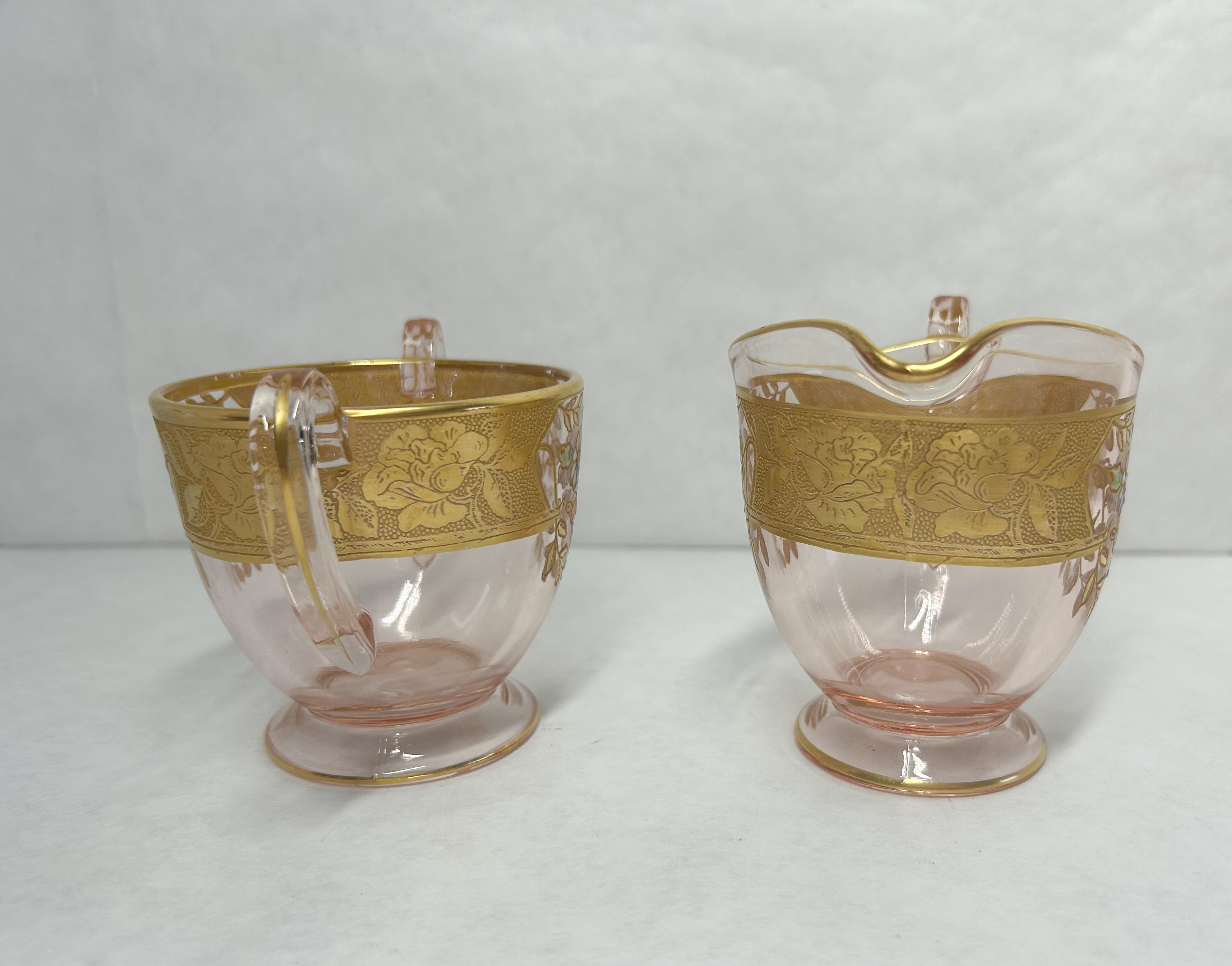 LOTUS PINK GLASS CREAMER AND SUGAR, CIRCA 1930