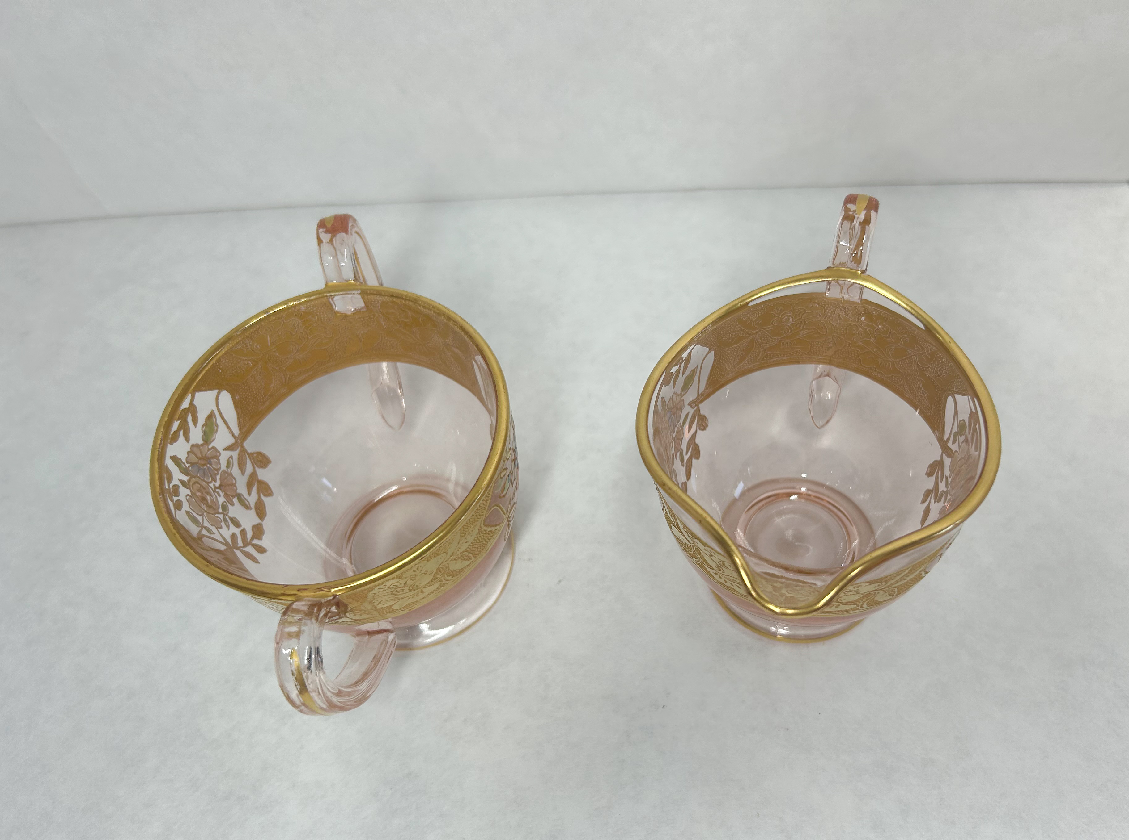 LOTUS PINK GLASS CREAMER AND SUGAR, CIRCA 1930