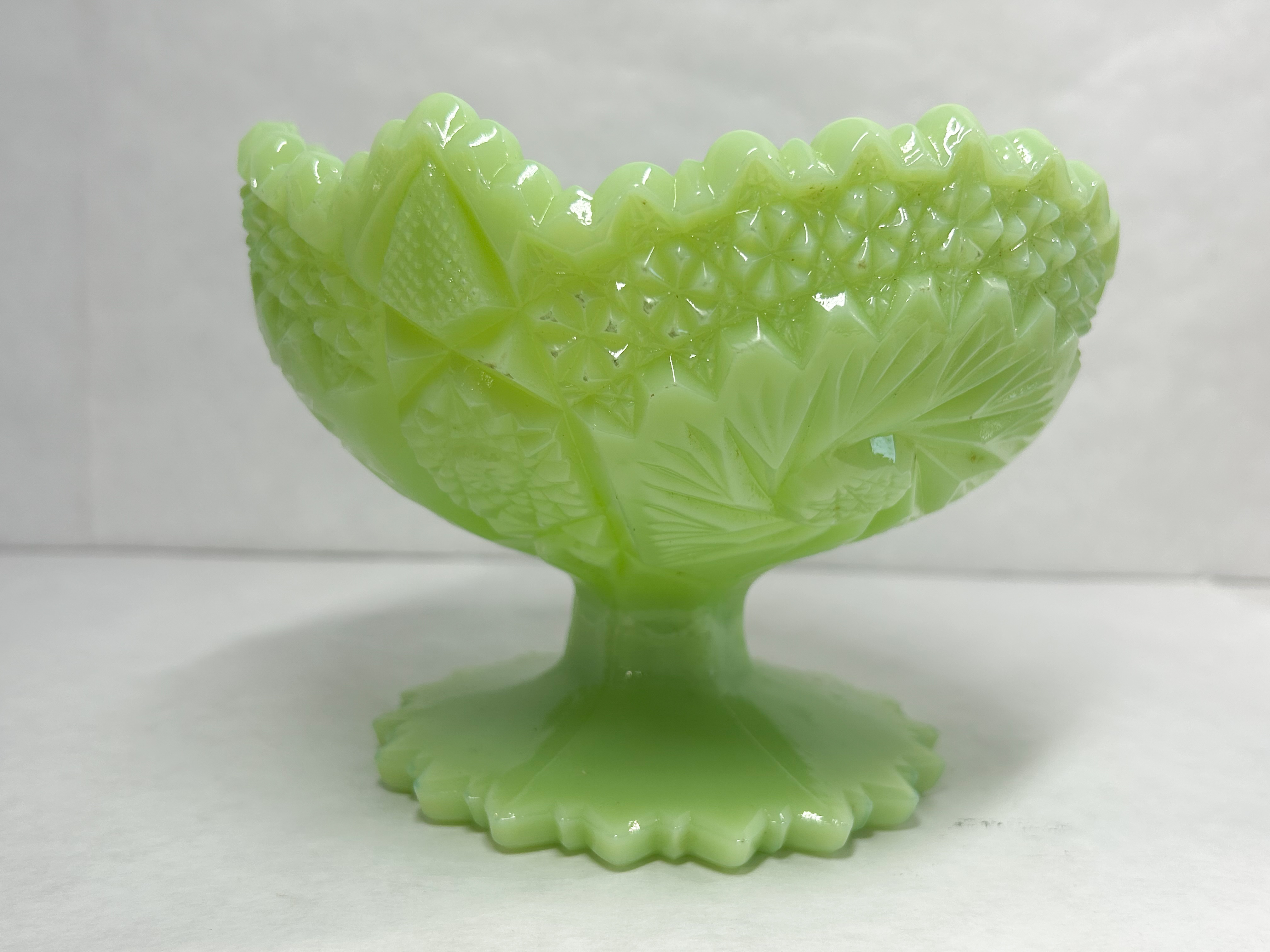 JADEITE FENTON PINWHEEL GLASS PEDESTAL COMPOTE