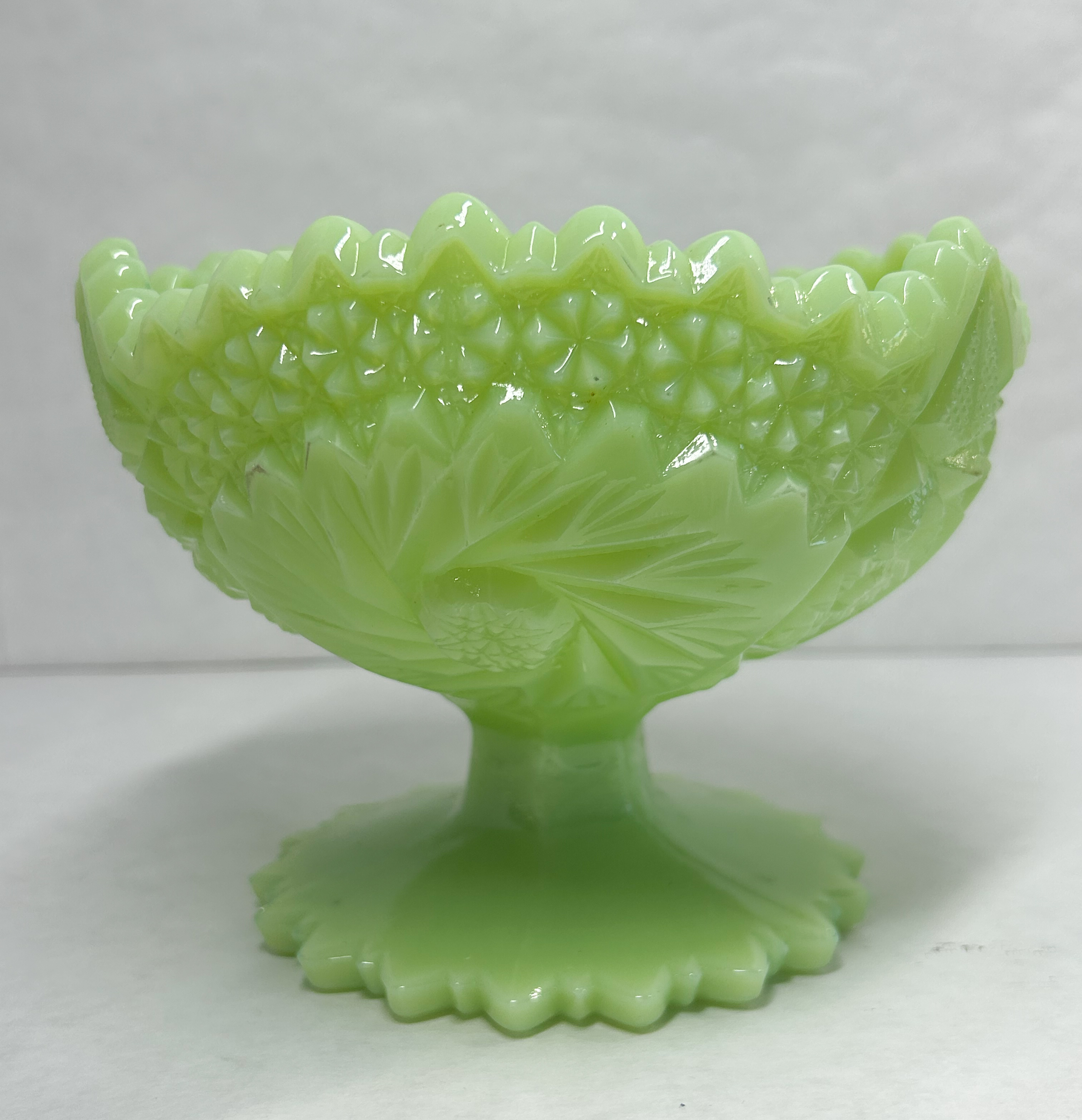 JADEITE FENTON PINWHEEL GLASS PEDESTAL COMPOTE