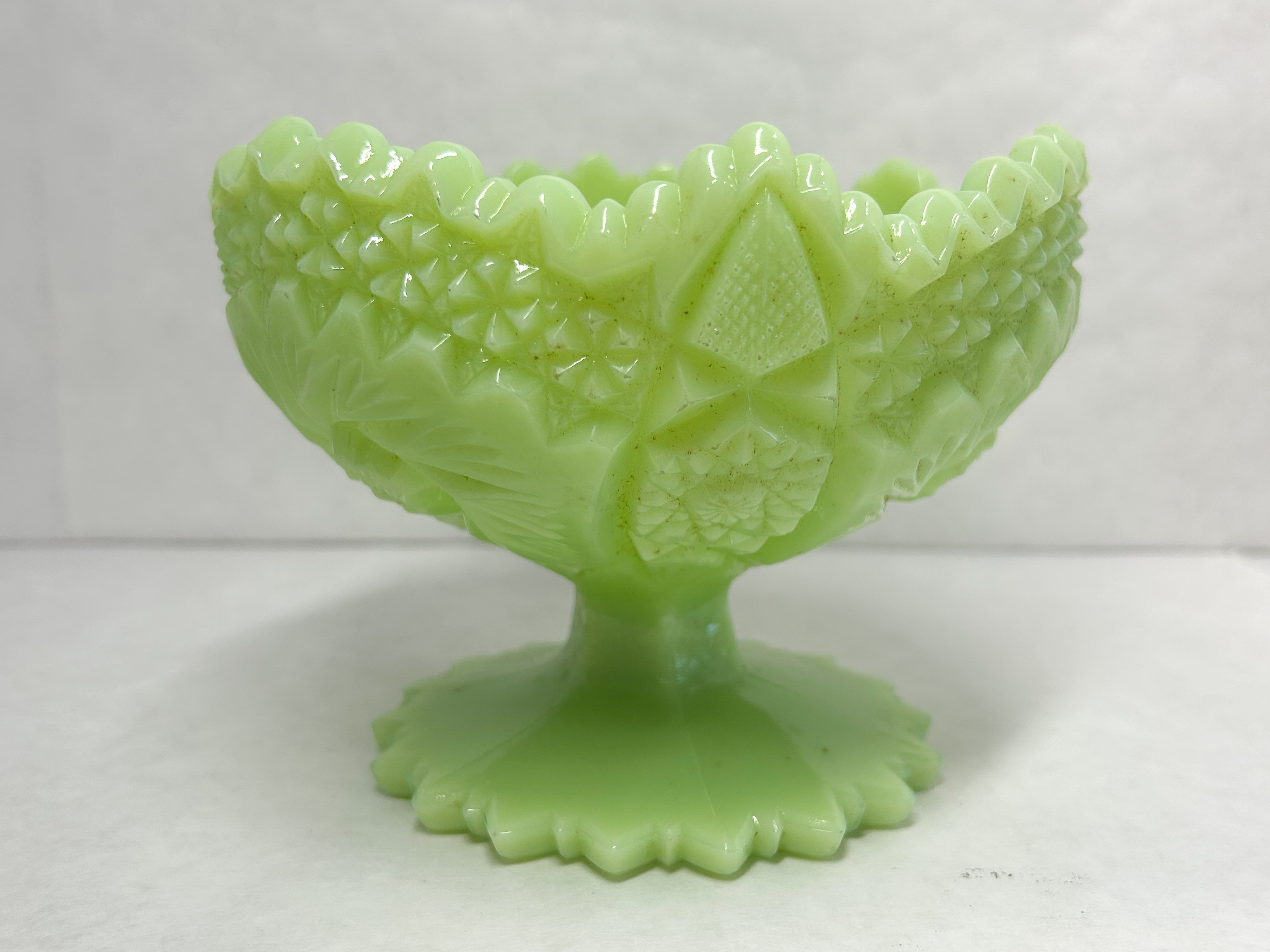 JADEITE FENTON PINWHEEL GLASS PEDESTAL COMPOTE